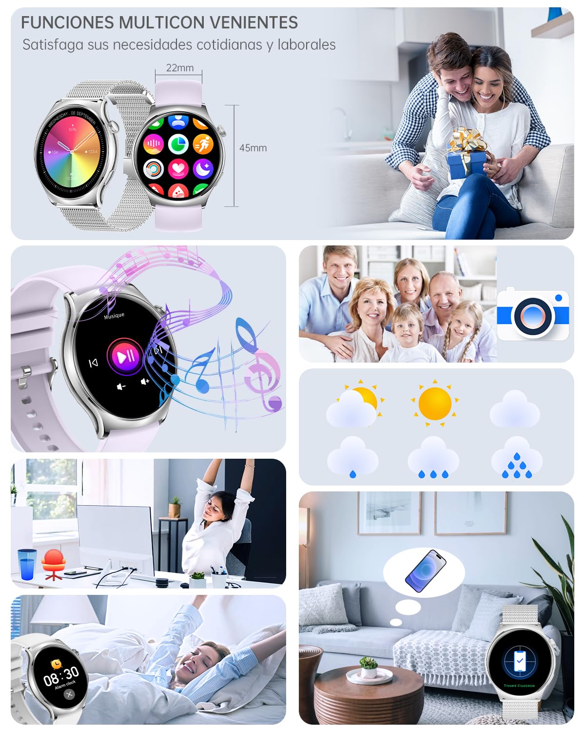 Reloj Inteligente Mujer con Llamadas y WhatsApp Notificaciones 1.43" AMOLED Smartwatch Mujer para iOS Android 3 Correas Pulsera Actividad con Pulsómetro/Monitor de Sueño/Podómetro 110+ Deportes, Plata