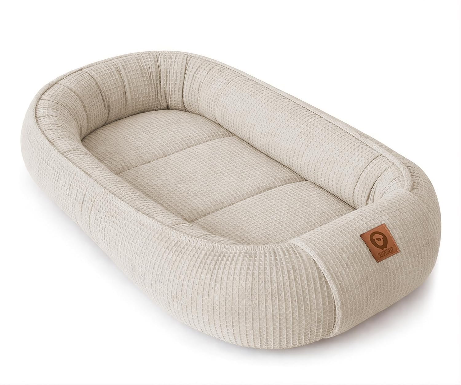 Babynestchen Neugeborene – 5-teiliges Baby Set mit Babynest aus Waffelpique Baumwolle – Nestchen Baby für Babybett & Kinderbett – Babykokon Tragbar – OEKO-TEX zertifiziert – Zubehör Babybett - Sand