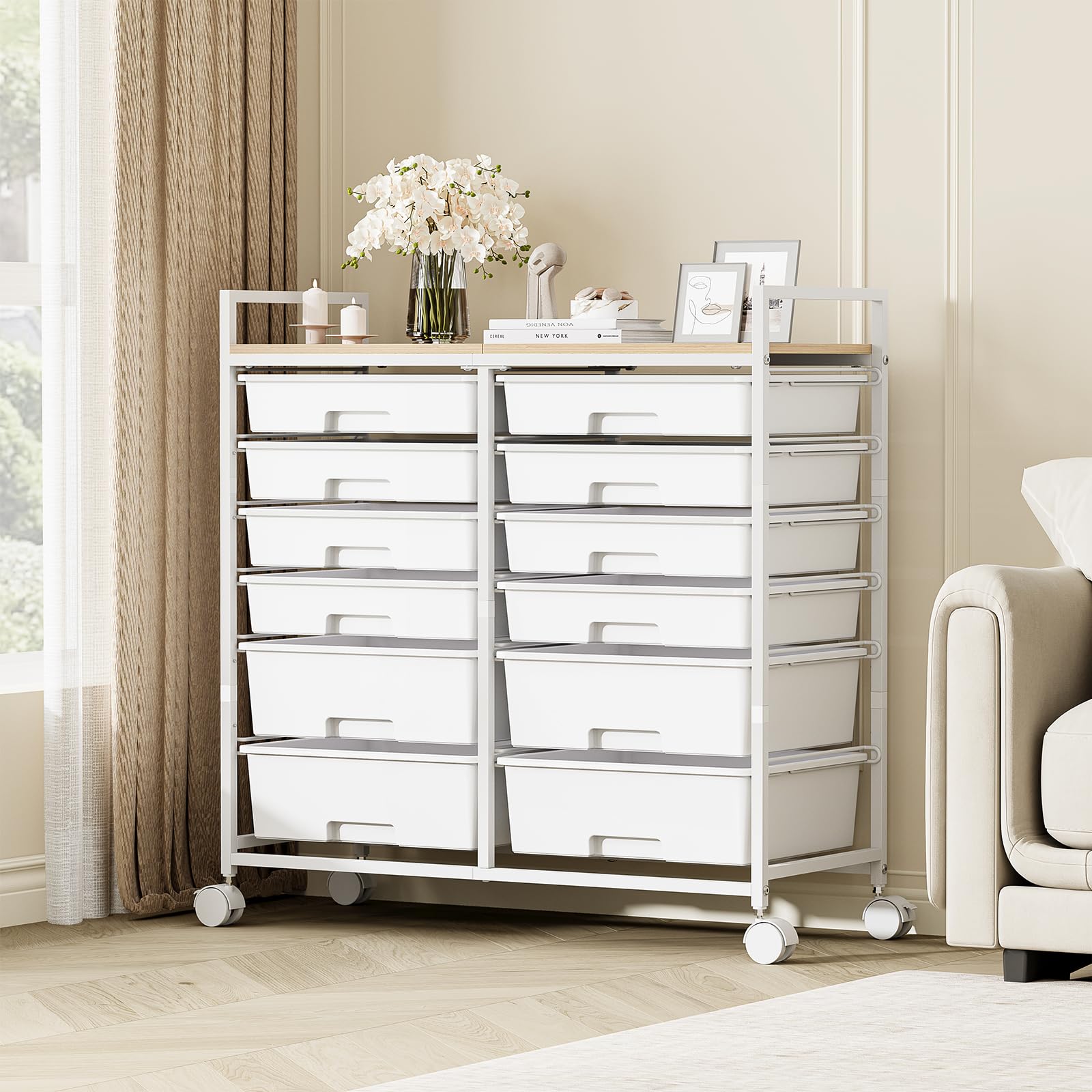 Carrello da bagno con 12 cassetti, in plastica, versatile, carrello per attrezzi, con piano di lavoro simile al legno, per bagno, cucina, soggiorno, ufficio, bianco