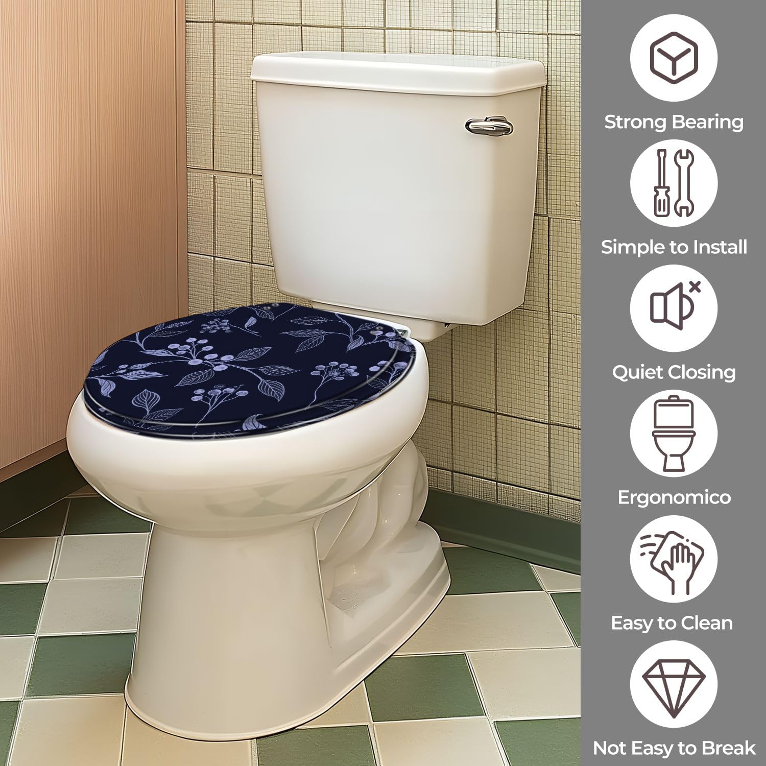 Asiento de inodoro redondo de resina para uso en el baño.