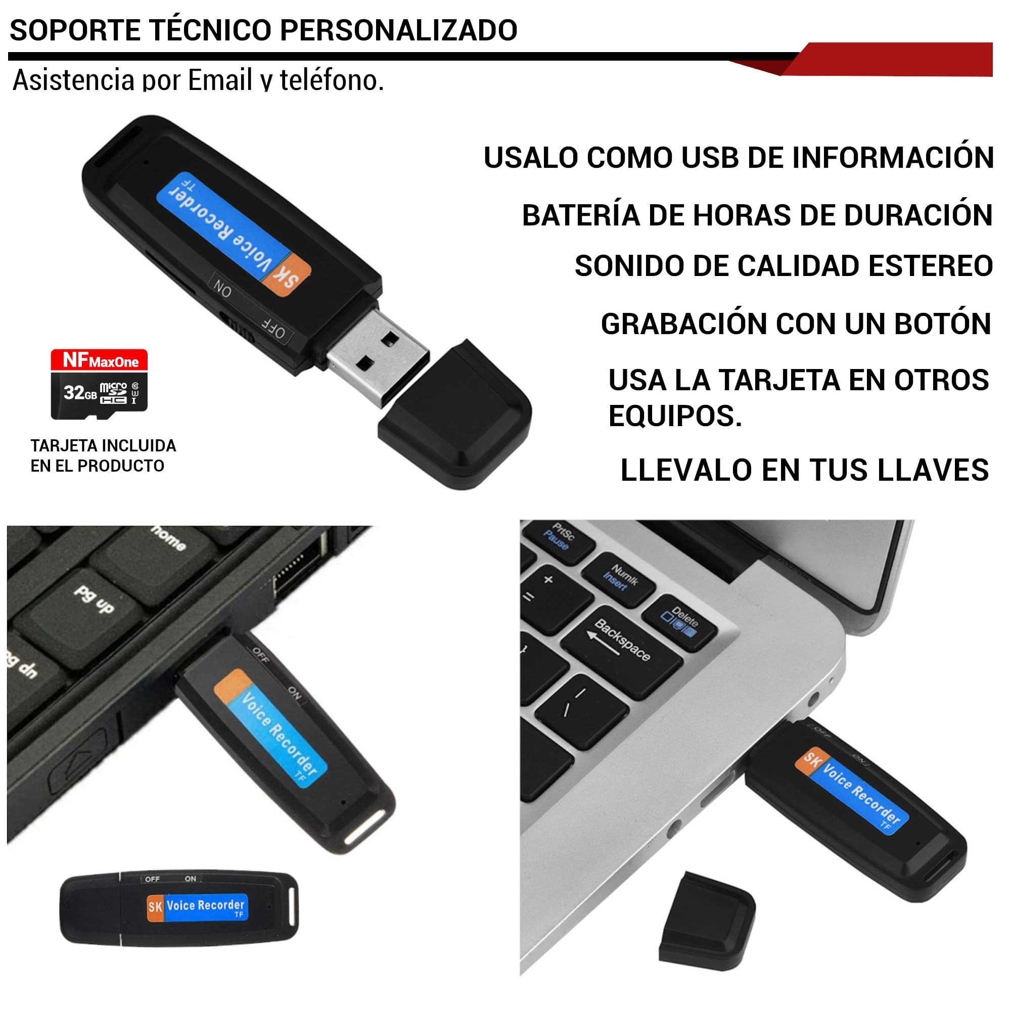 Grabadora de Voz Espia Digital con MicroSD de 32 GB incluida | Mini Grabadora de Audio Ideal para Reuniones, Entrevistas, Clases | Grabadora USB Espia Portatil con hasta 500 Horas Grabación