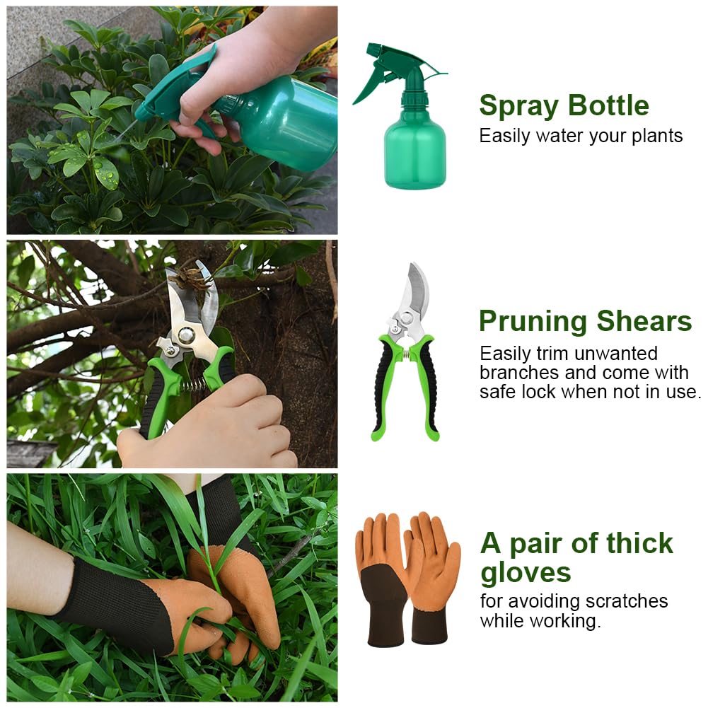 Set di Attrezzi da Giardinaggio, 9 Pezzi in Acciaio Inossidabile ad Uso Intensivo, Impugnatura Ergonomica Antiscivolo, Fori Appesi, Strumenti da Giardinaggio per Donne e Uomini, Verde