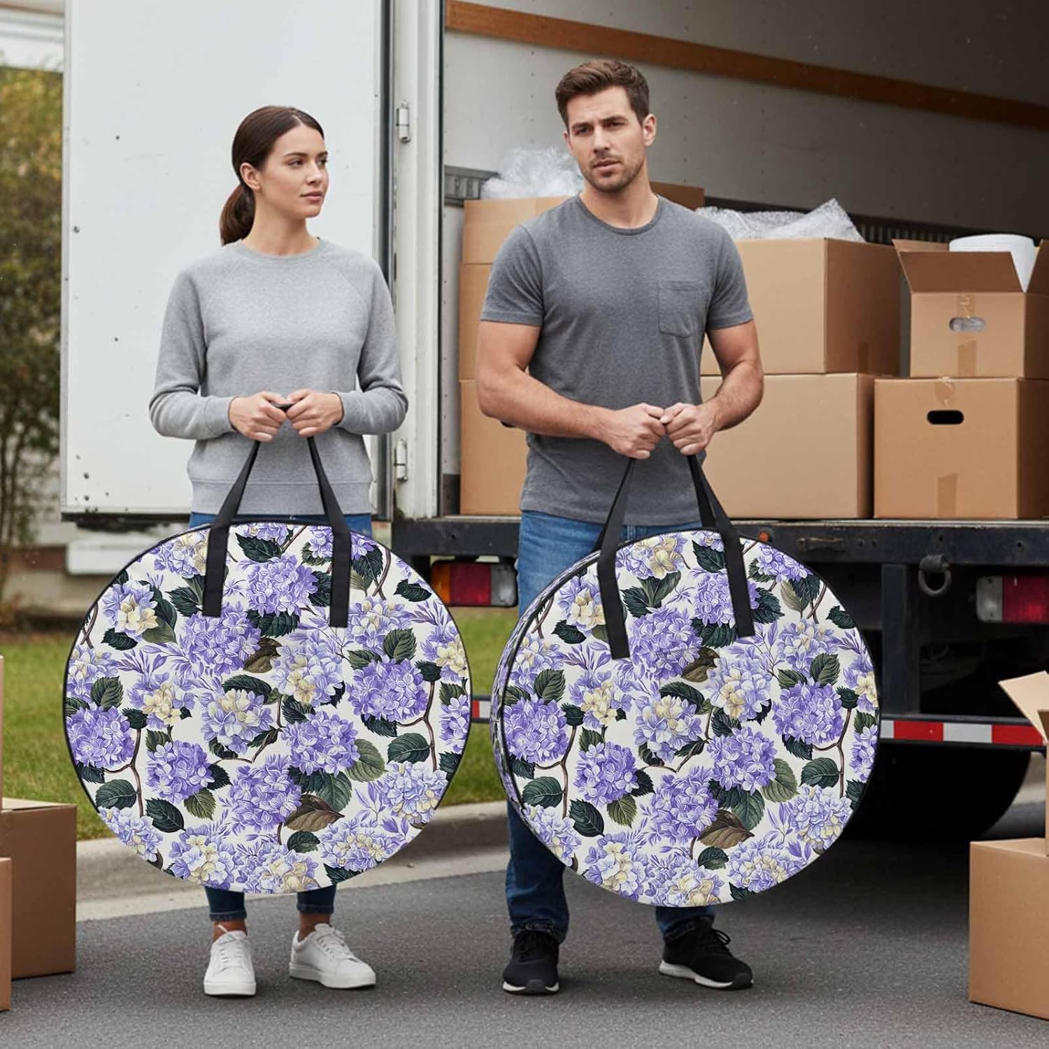 24 Inch Round Storage Bag 2 Pack,Purple Flower Leaves Hydrangea Waterproof Wreath Storage Container with Handles&Zipper Watercolor Floral Seamless Closet Organizer Bags Garland Box