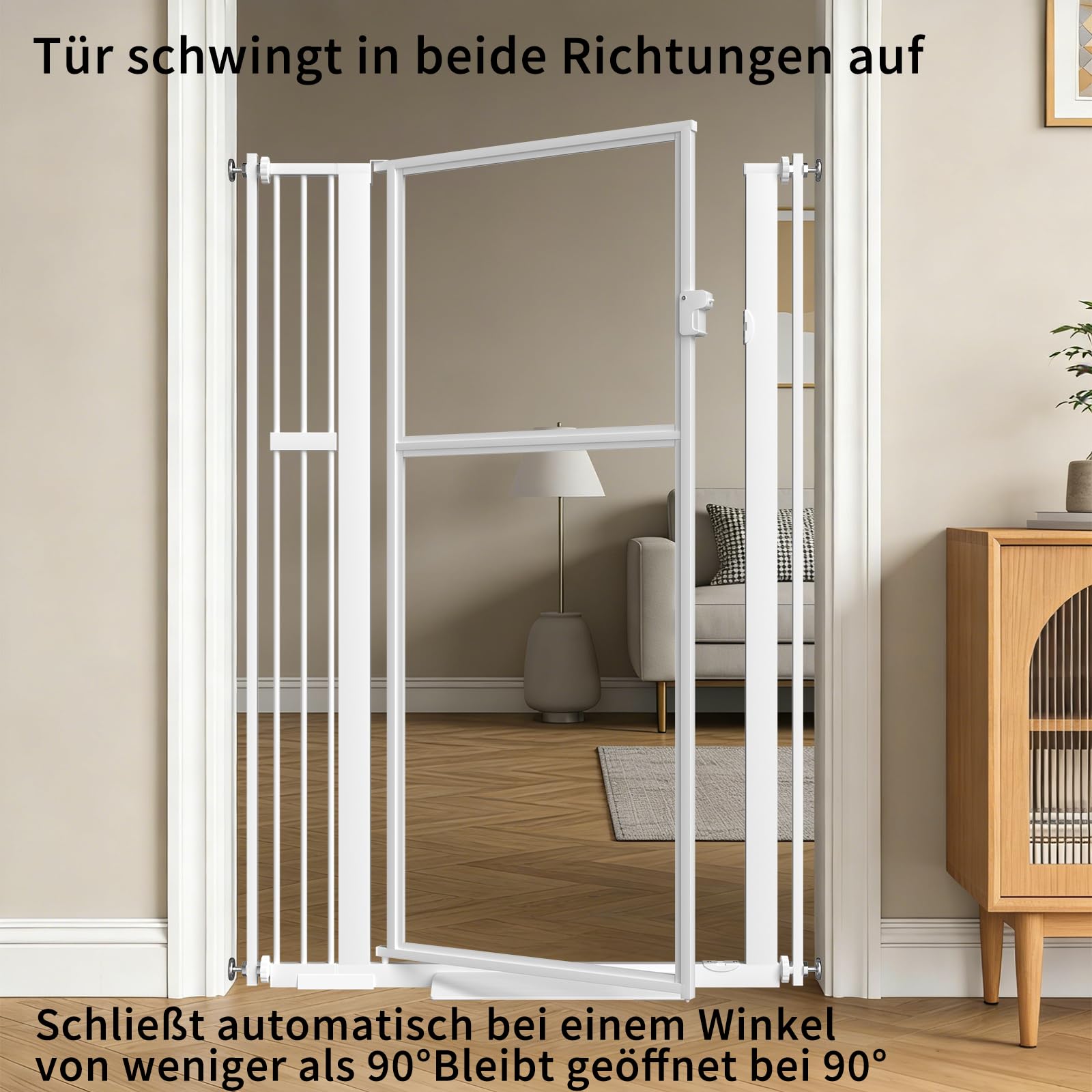 Xifamniy 142CM Türschutzgitter extra hoch，Breite 75CM-115CM Katzenschutzgitter，katzengitter tür ohne Bohren，Transparentes PC-Material, doppelter Verschlusssystem, automatische Schließung, weiß