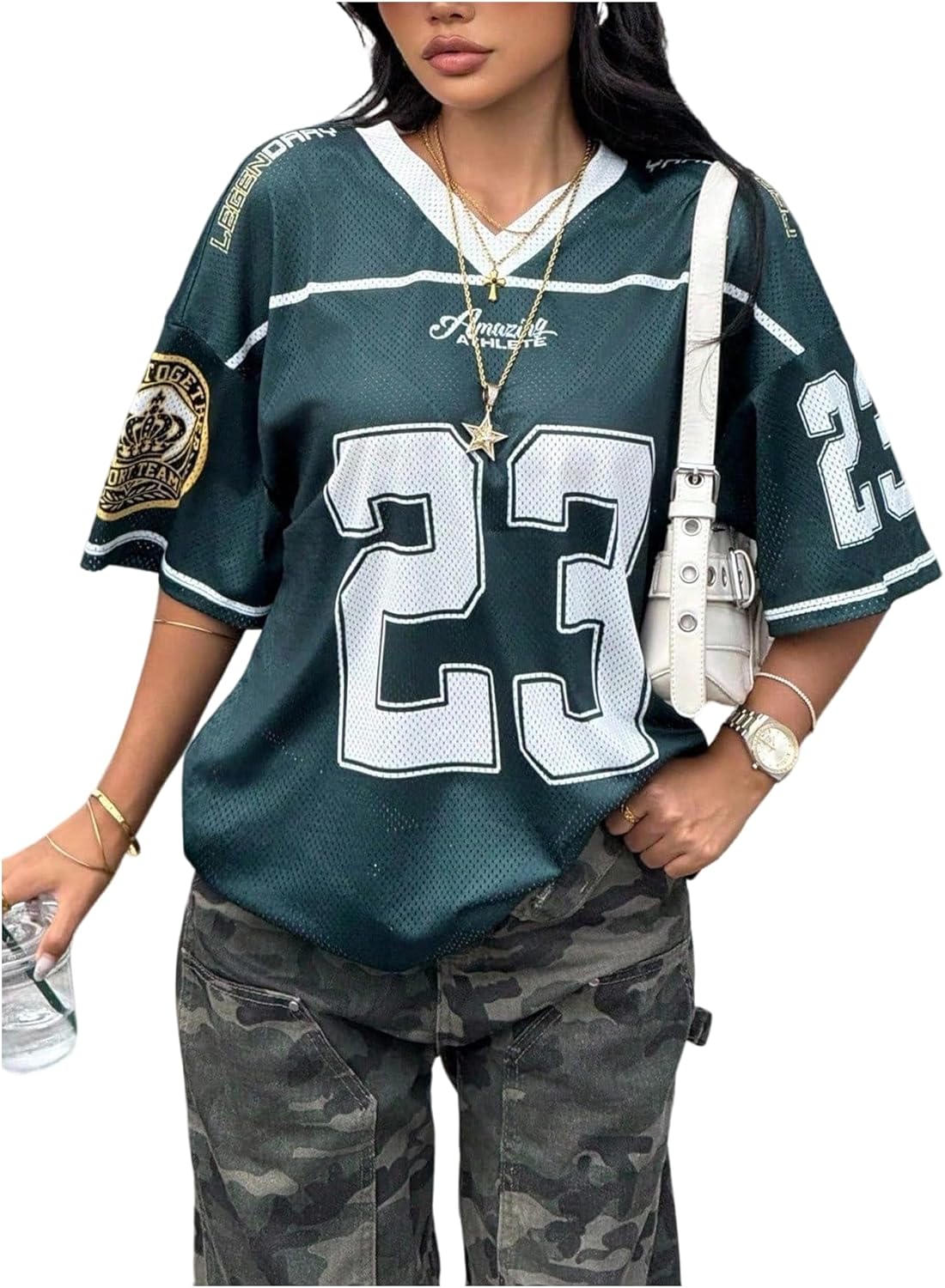 Girl's Jersey Shirts Number Print Graphic Tees V Neck Mesh Y2K Tops Sport Jersey Streetwear