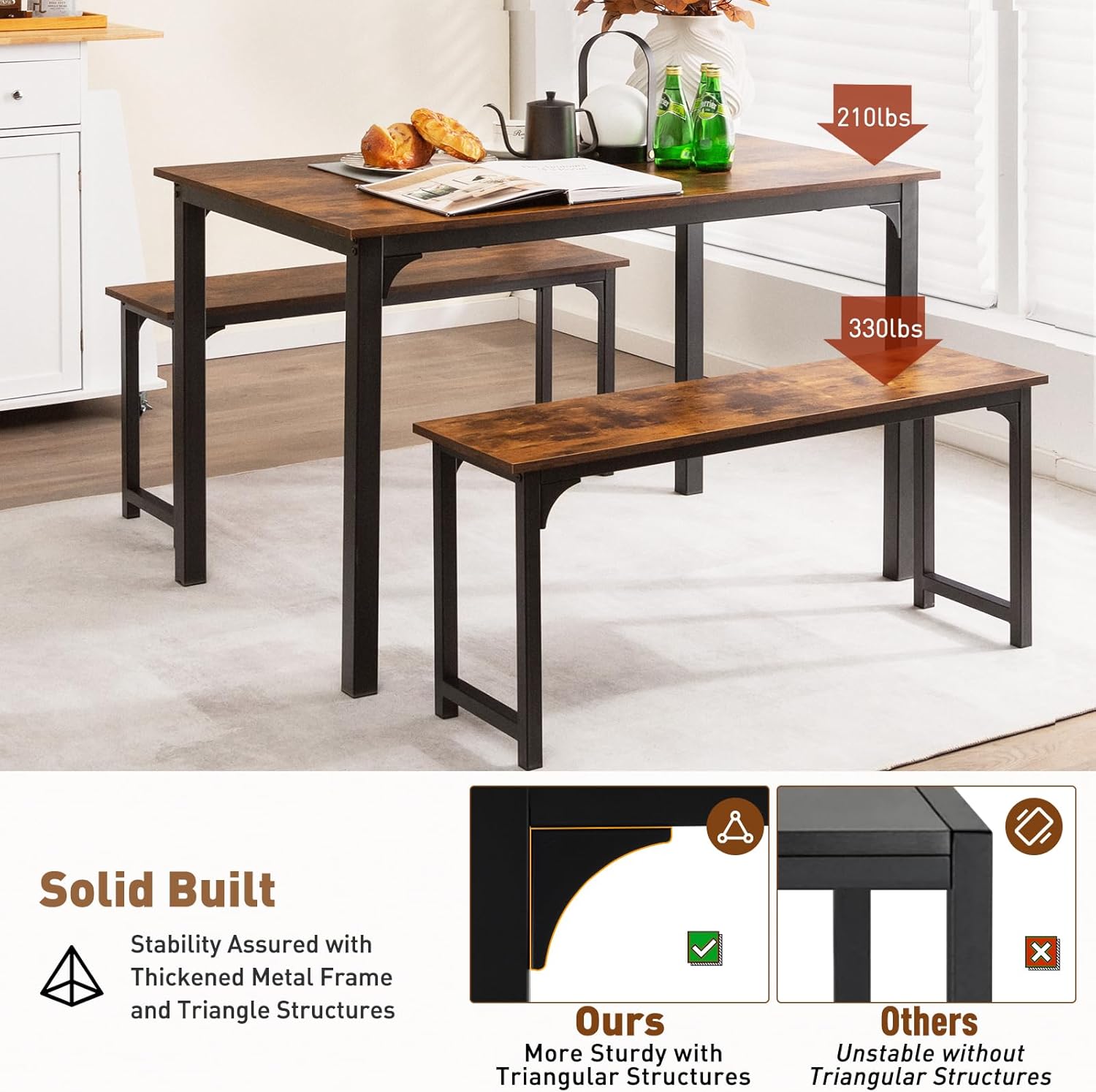 NAFORT Dining Table Set for 4, 3-Piece Kitchen Table with 2 Benches, 43.5’’ Space Saving Dining Room Table with Reinforced Metal Frame & Solid Wood Top, Ideal for Home, Restaurant, Patio Outdoor