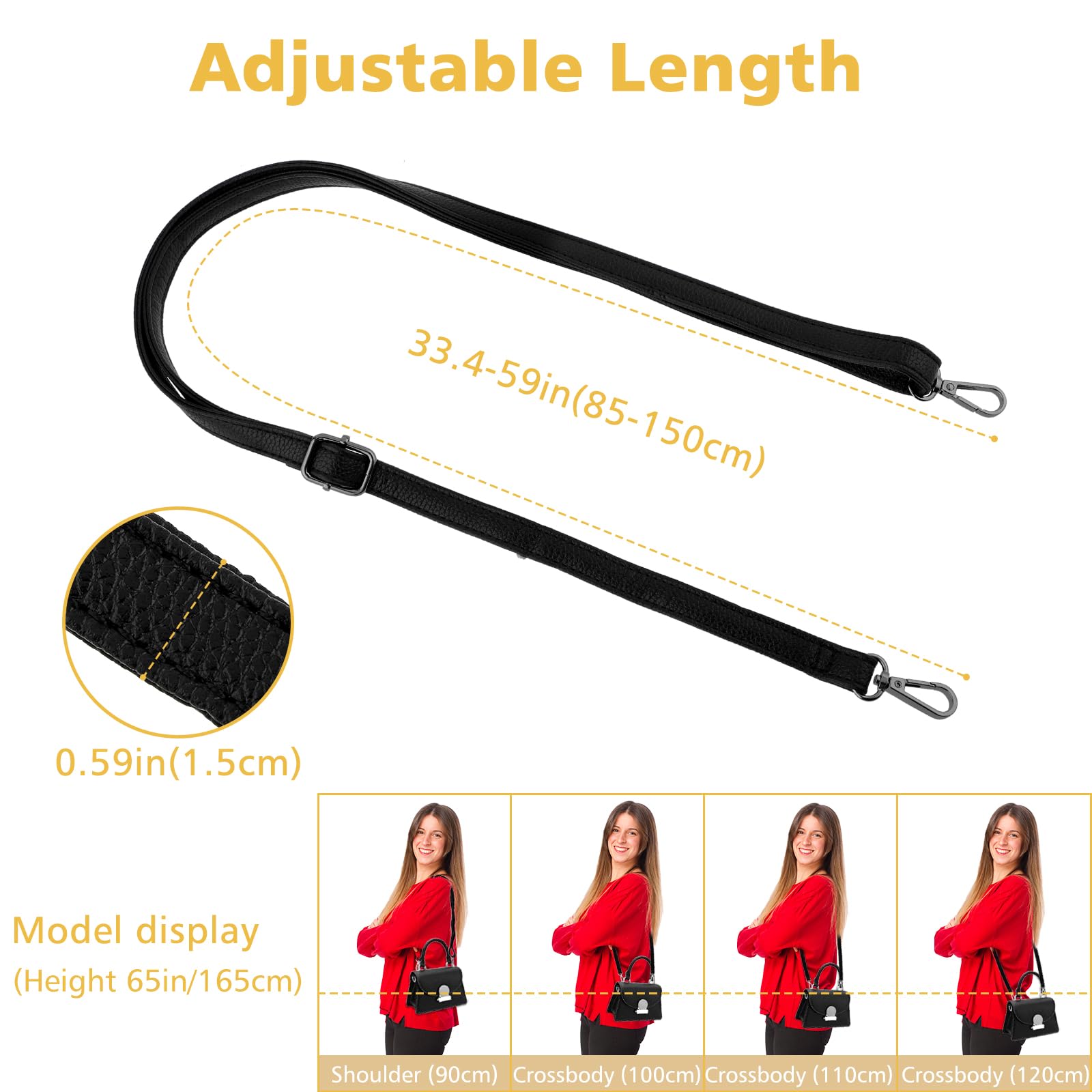 Verstellbarer Leder-Schulterriemen Für Taschen – 85–150 Cm, 1,5 Cm Breit, Schwarz, Mit Karabinerhaken