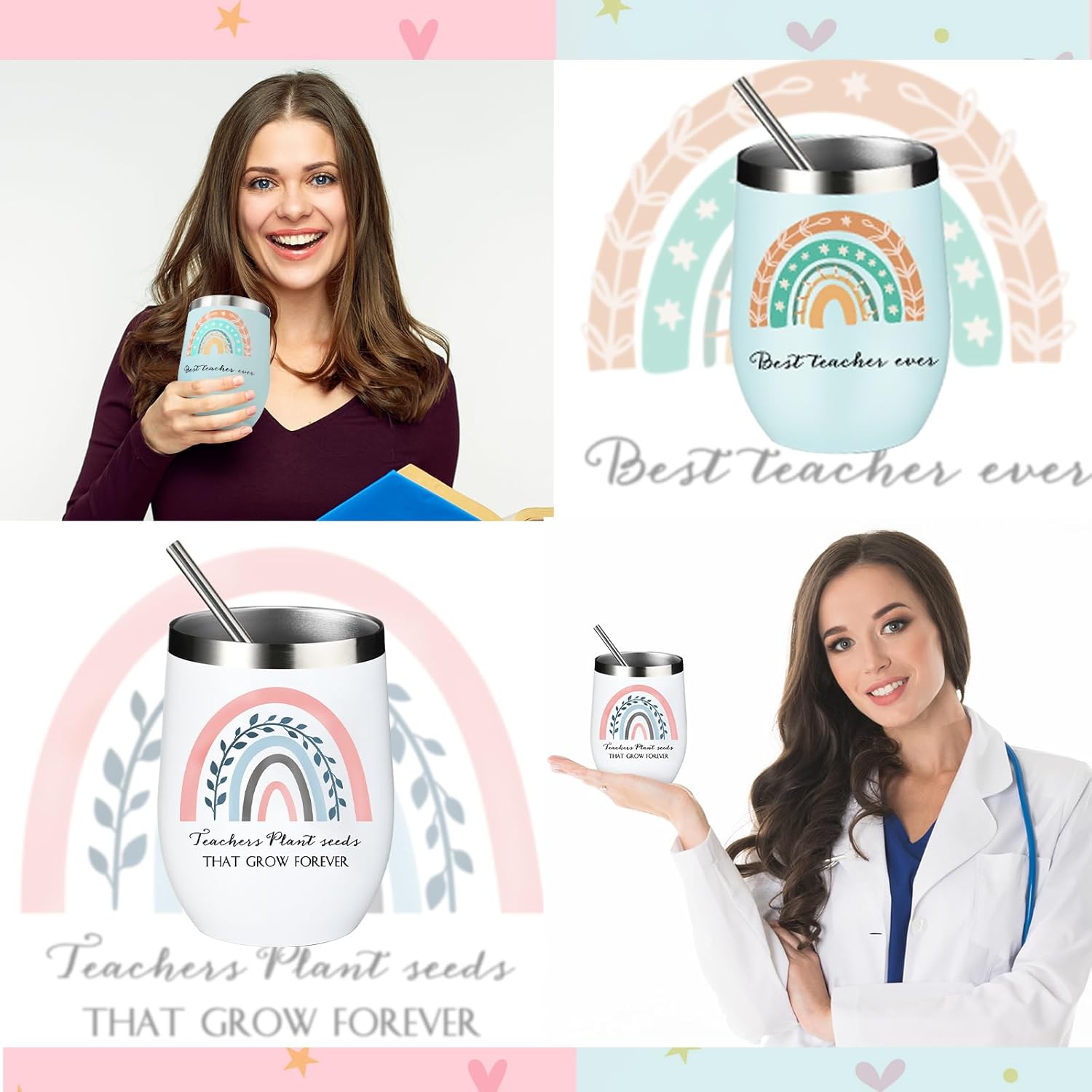 Sieral 6 Pcs Bulk Teacher Appreciation Gift Teacher Christmas Thanksgiving Gifts Stainless Steel Tumbler with Lid and Straw 12 oz Rainbow Insulated Coffee Tumbler Cup Travel Mug for Women Birthday - Image 5