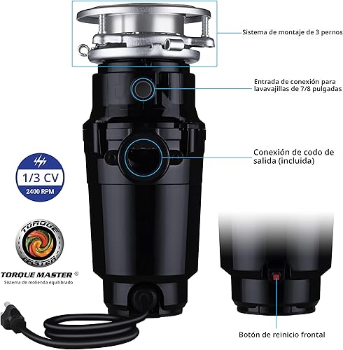 Miniatura 2 de Waste Maid 10-US-WM-048-3B - Sistema de molienda de residuos de alimentos de acero inoxidable antiatascos, constructor de 13 HP, color negro