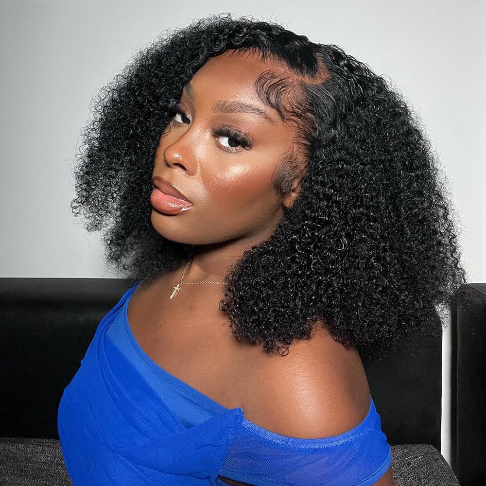 BLY C Part Afro Kinky Curly Bob Wigs 13x6 HD Lace Front Wig 14 Inch Human Hair Glueless Wig Side Part Pre Plucked for Women Natural Black Color 180 Density