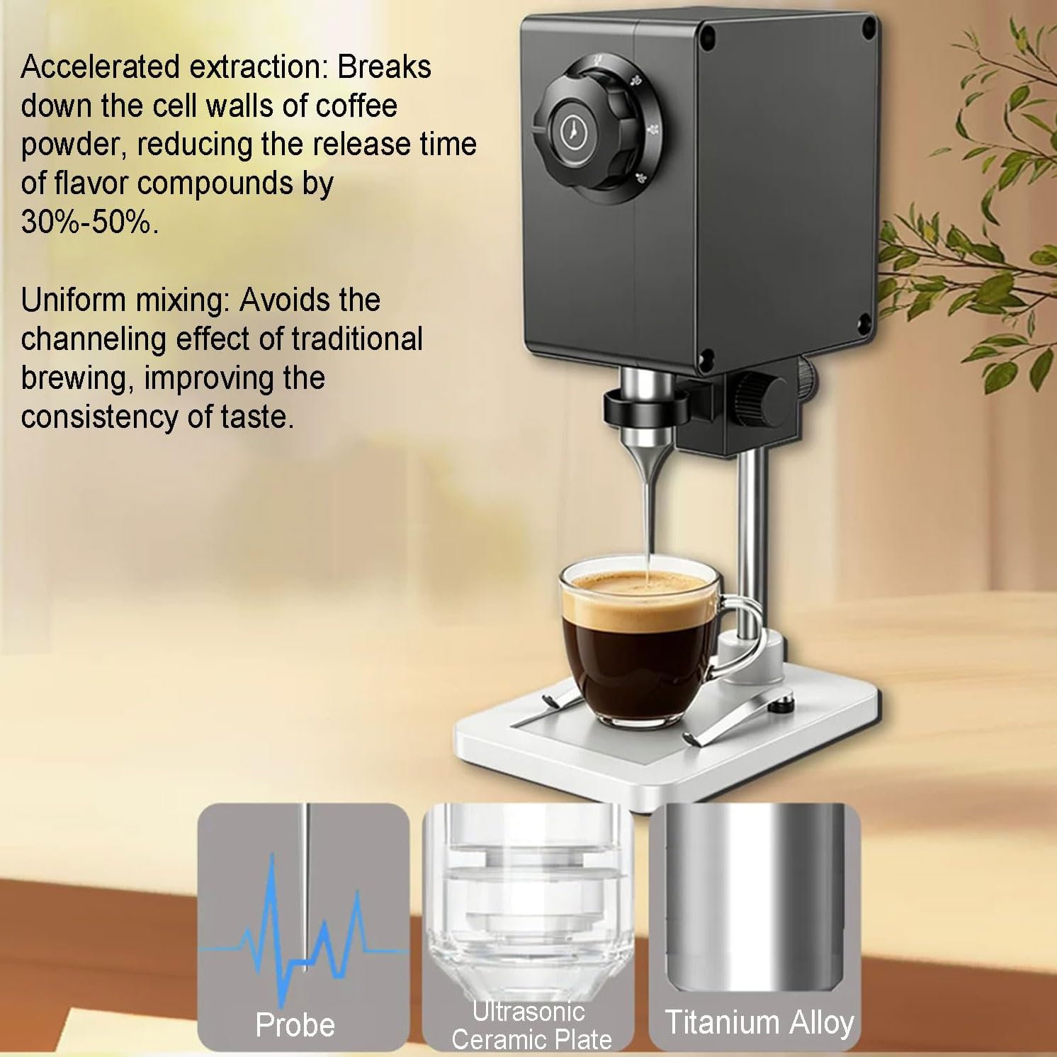 Homogeneizador pequeño, sonda de titanio, temporizador y soporte ajustable, mezclador disruptor de células sonicador para café casero, té, fabricación de leche, mezclador de cocina