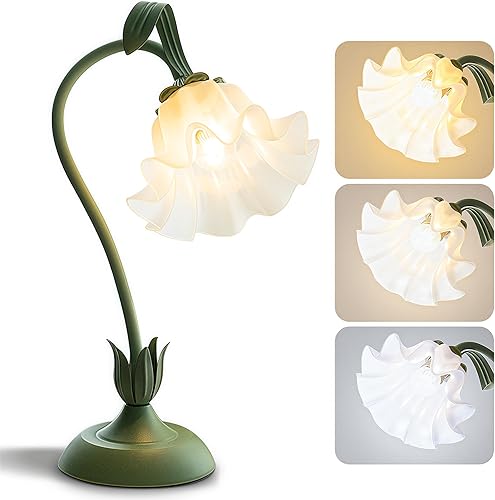 Flower Table Lamp Bedside Lamps LED Reading Light,3 Color Modes Cute Small Lamp,Vintage Flower Lamp Nightstand Lamp Kawaii Table Lamp for Bedroom