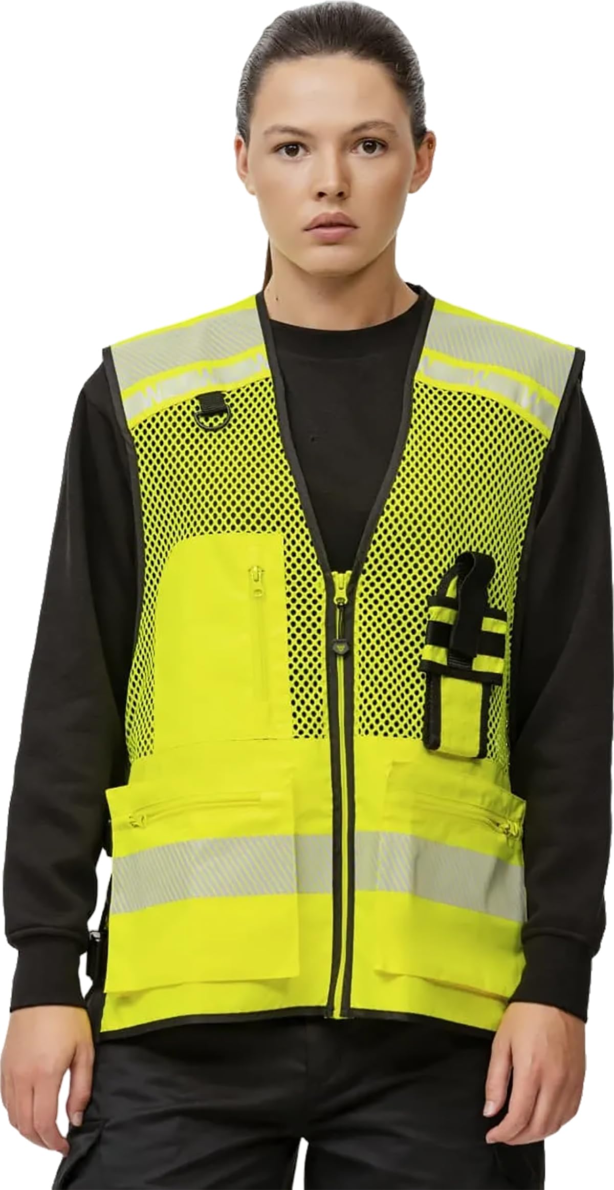 WORKTEAM Chaleco de Alta Visibilidad con Rejilla Transpirable, Cintas Reflectantes Segmentadas, Ajustes Laterales y Multibolsillos Unisex
