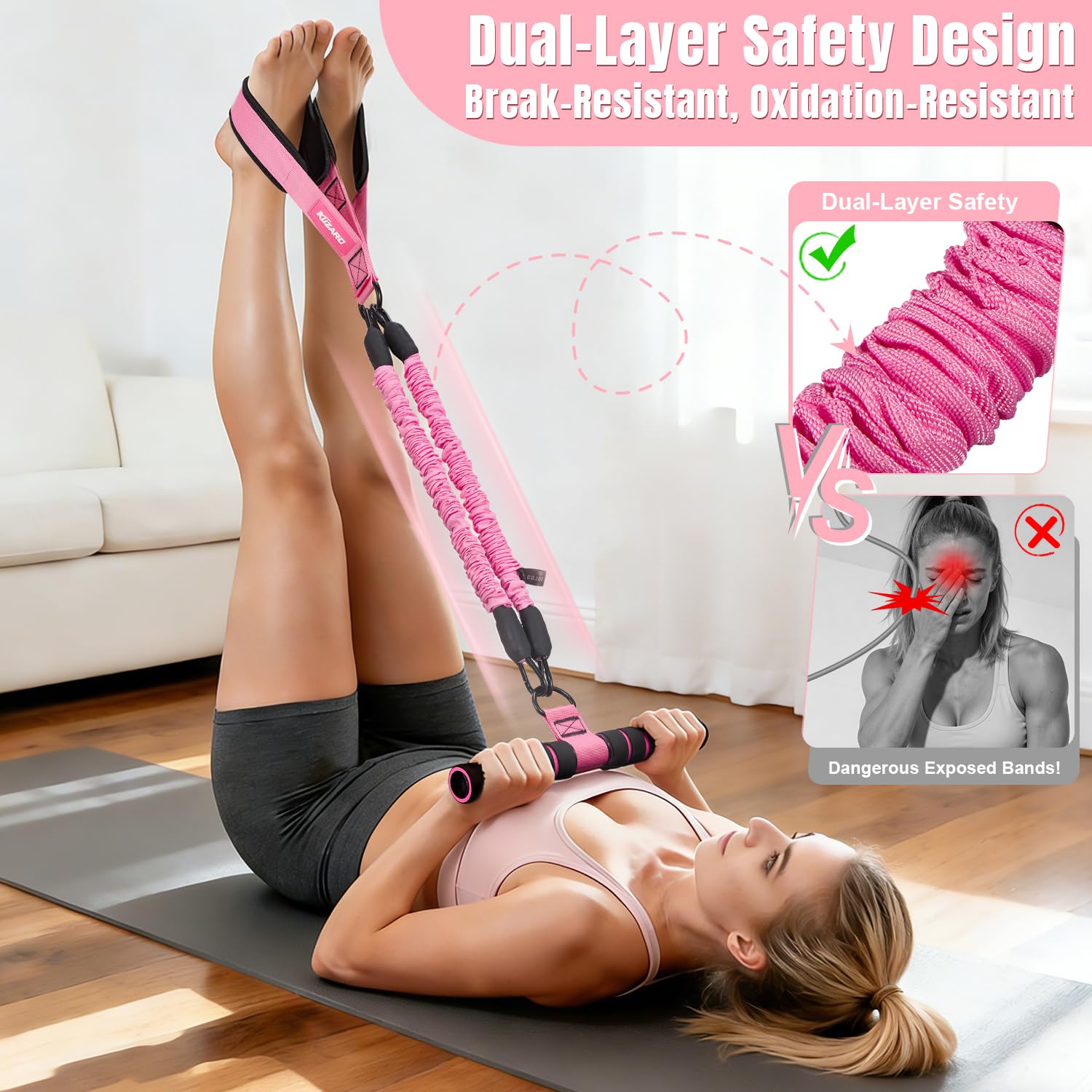 KUZARO Fascia di resistenza multifunzione con manico, 3 tubi regolabili per addome, vita, braccia, core/ABS, allenamento delle gambe, attrezzatura per esercizi per sedute da donna