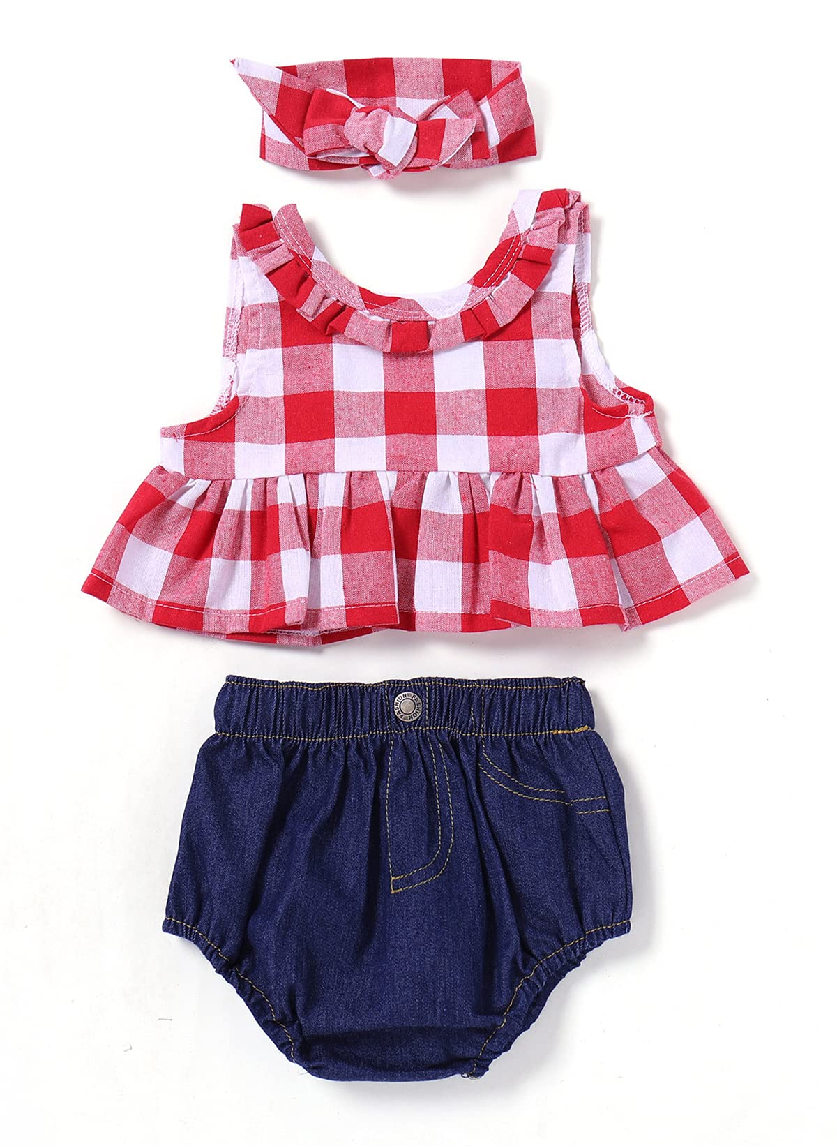 Symunnia Baby Girl Shorts Set Checked Ruffles Tops Denim shorts Summer Clothes Set With Headband(12-24months,PinkChecked)