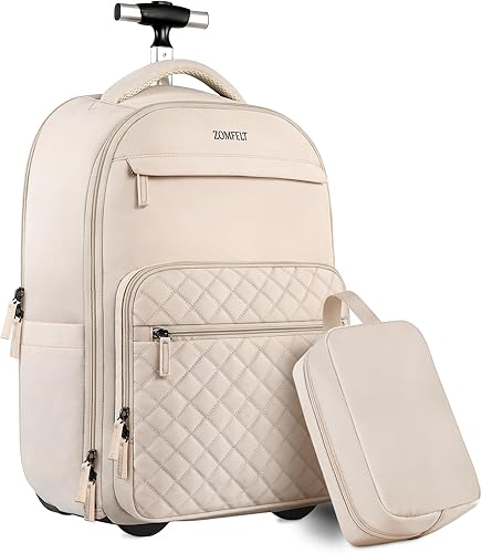 ZOMFELT Mochila con ruedas para mujer, mochila de viaje con ruedas, mochila para laptop de 17 pulgadas con bolsa de aseo, mochila de mano con ruedas