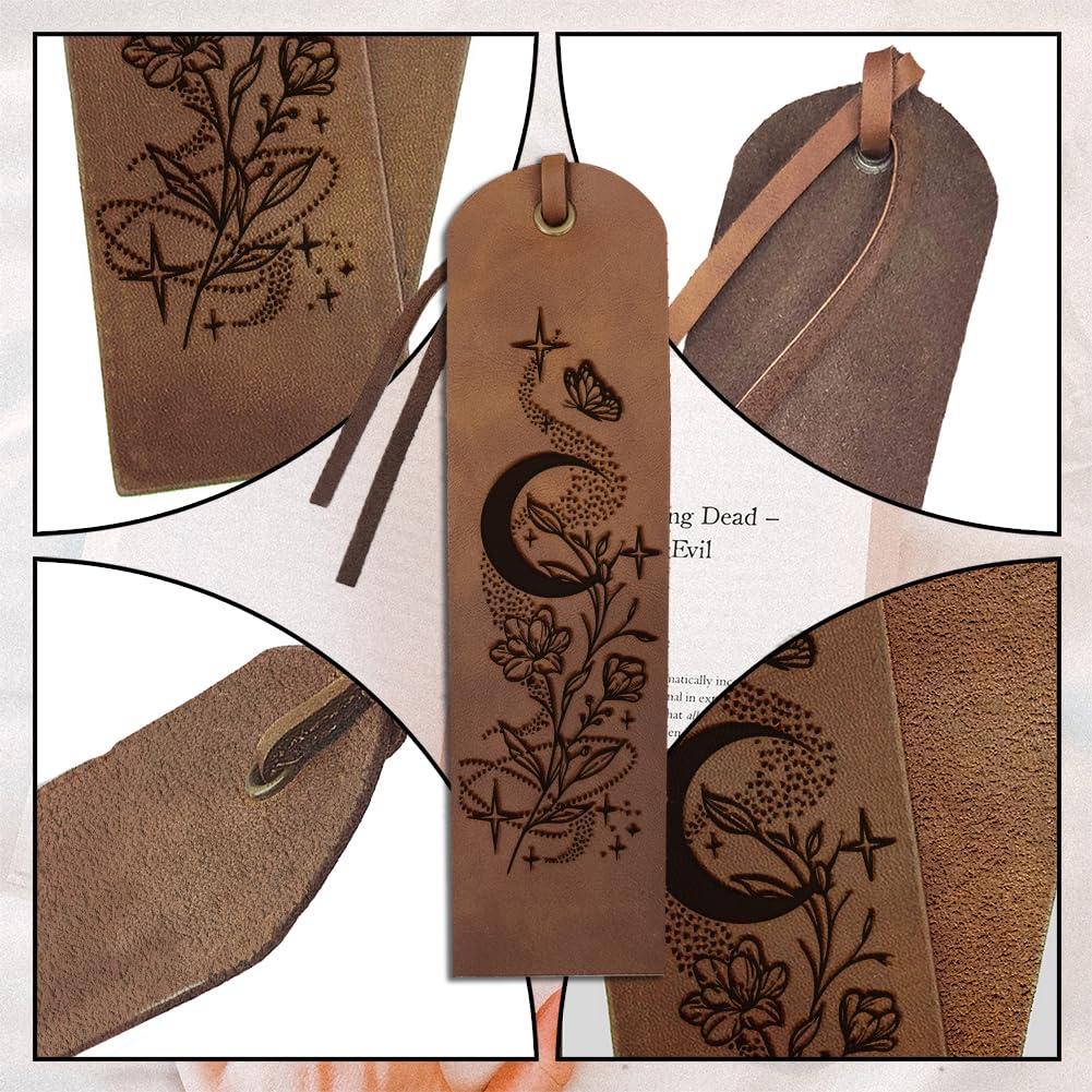 MAYJOYDIY Leather Bookmark, Moon Flower Design, Cowhide Material, Brown, 5x18cm - Image 4