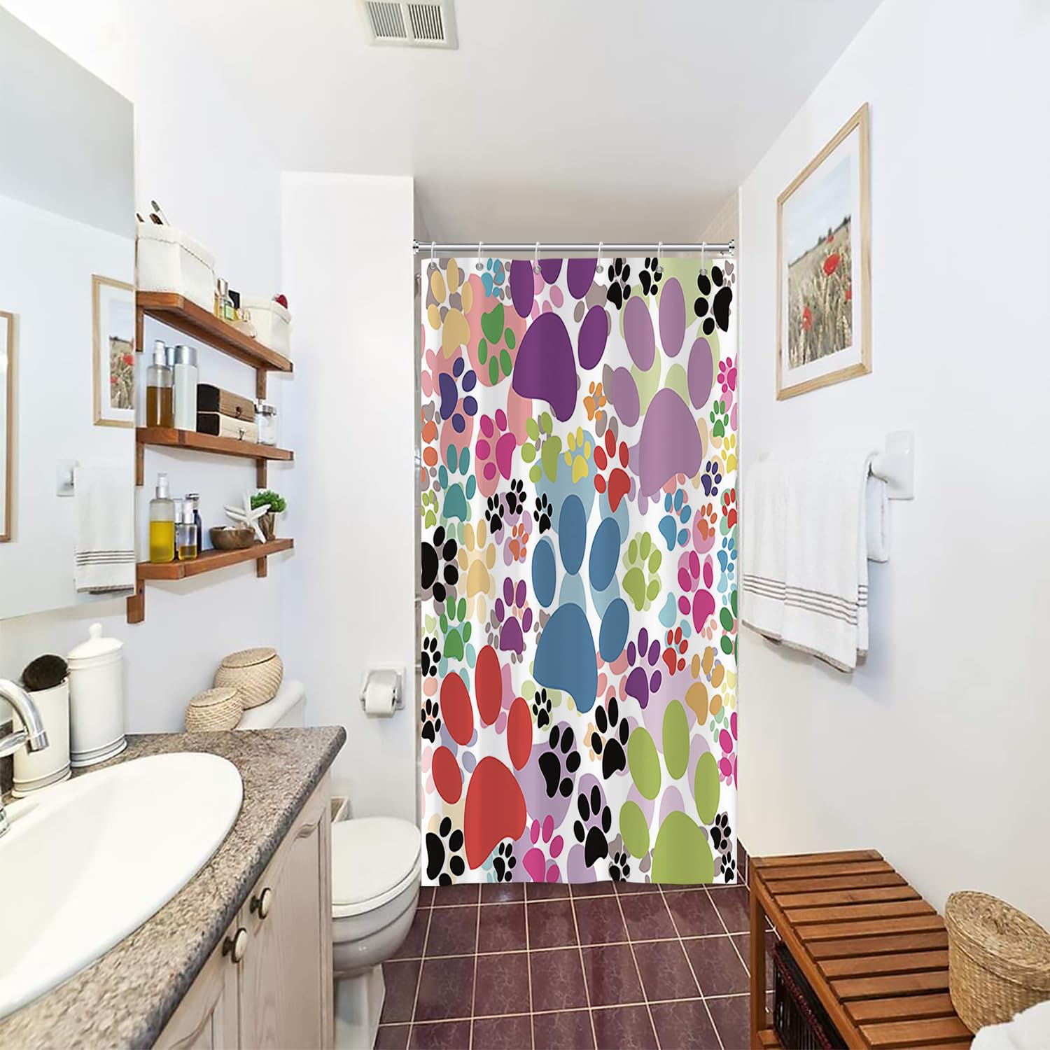 SDOTPMT 36x72 Inch Multicolor Cat Pawprint Shower Curtain Pet Lovers Cute Animal Dog Paw Watercolor Modern Chic Abstract for Child Gift Bath Curtain Fabric Polyester Bathroom Curtain With Hooks - Image 3