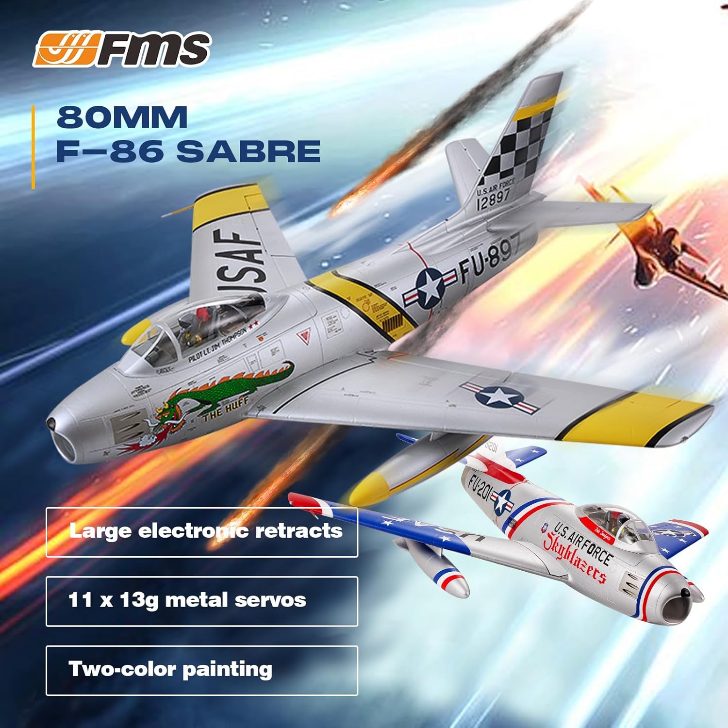 FMS Rc Planes for Adults Remote Control Airplane F-86 Skyblazer Blue RC Airplane 6CH 80mm Hobby Rc Airplanes PNP (No Radio, Battery, Charger)