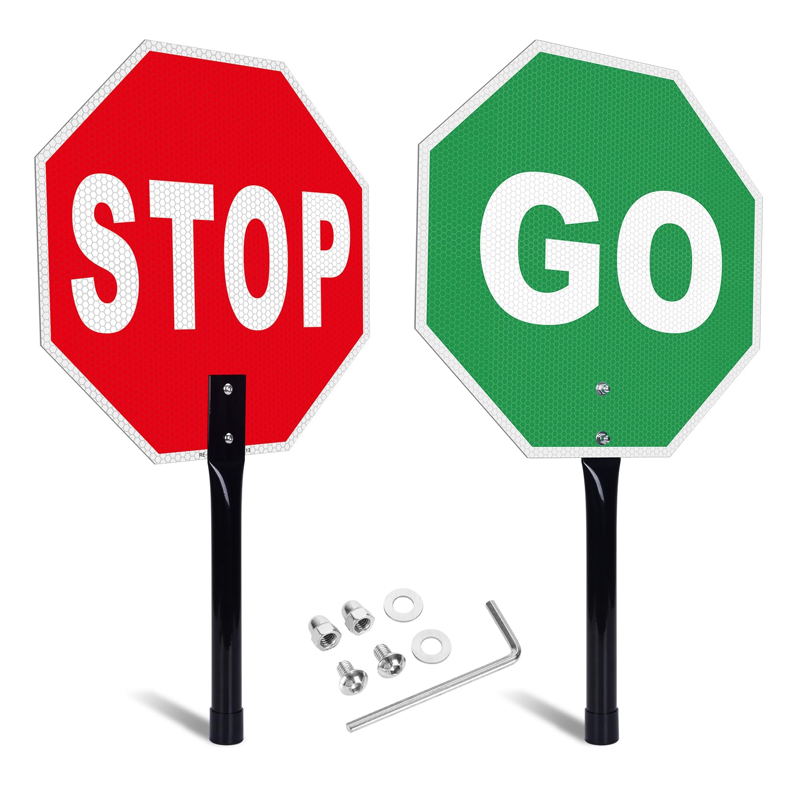 DIESOTT Stop Go Sign with Handle, 13"x13" Aluminum Stop- Go Handheld Traffic Sign- Reflective Double Sided- Fade Resistant- Waterproof Design- Easy to