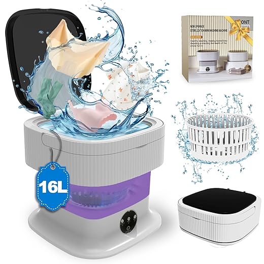 Portable Washing Machine, 16L Foldable Mini Washing Machine & Spin Dryer, Collapible Compact Washer, Small Folding Laundry Washer, Socks, Baby Clothes, Underwear, Dorm, Camping, Apartment, RV, Purple
