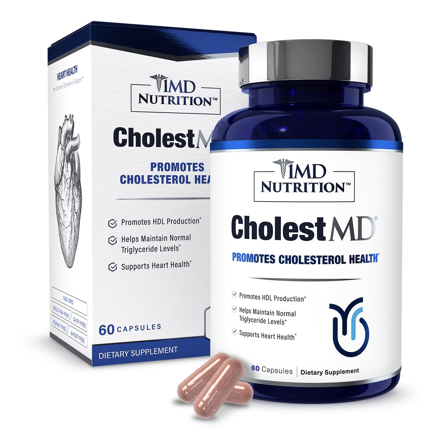 1MD Nutrition CholestMD - Support Healthy HDL & LDL Cholesterol Levels, Boost Heart Health | with Olive Leaf Extract, Bergavit, Niacin, Garlic | 60 Capsules