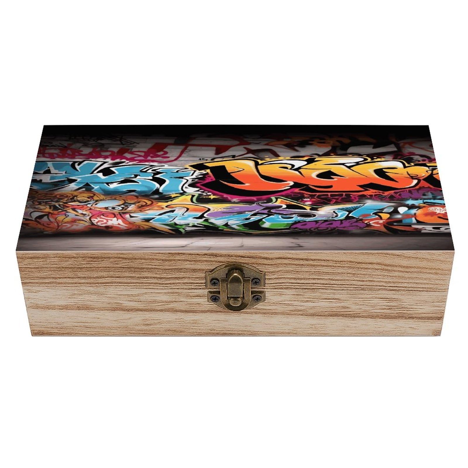 VstaDank Graffiti Hip Hop Wooden Box Sturdy Vintage Storage Box with Hinged Lid Exquisite Wood Keepsake Boxes Large Jewelry Case Cute Trinket Holder Unique Gift for Men & Women