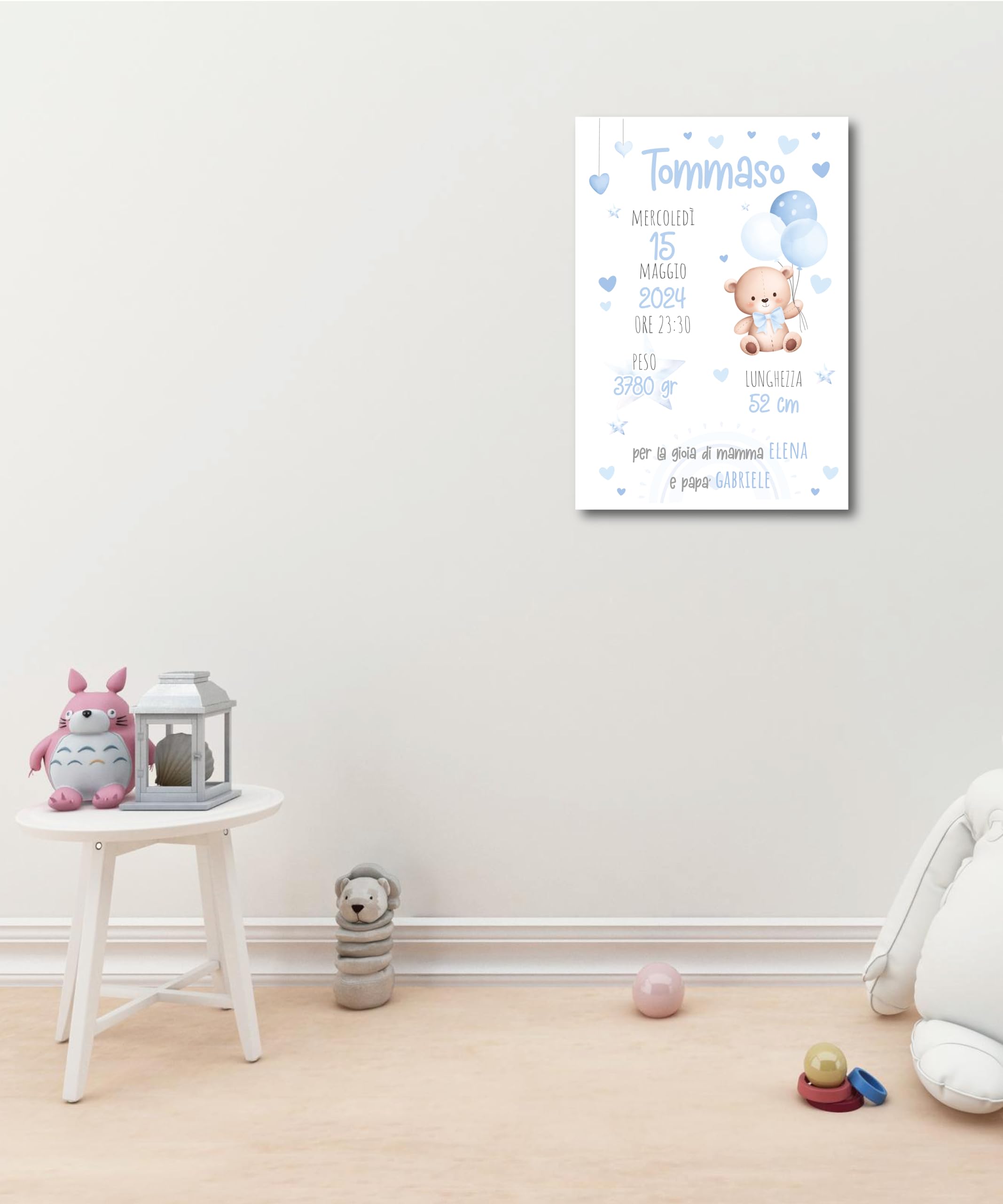 Generico Quadro personalizzato nascita, tre modelli, tre colori, idea regalo per nascit, arredo cameretta decorazione 20x30cm (AZZURRO)