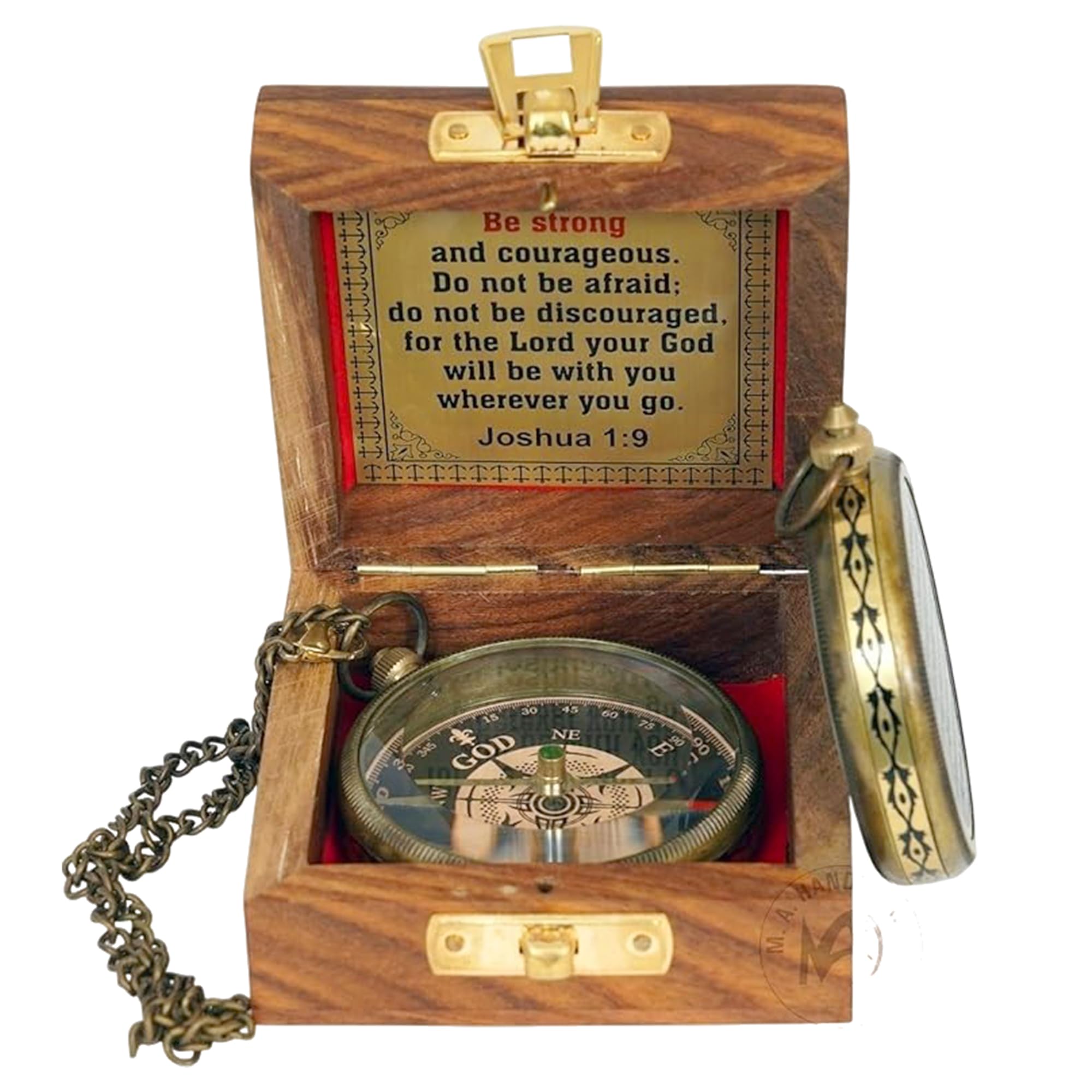 Be Strong and Courageous - Joshua 1:9 Engraved Compass with Wooden Box | Victorian Brass Stripe Design | Christian Baptism & First Communion Gift | Inspirational Confirmation Gift for Boys & Girls