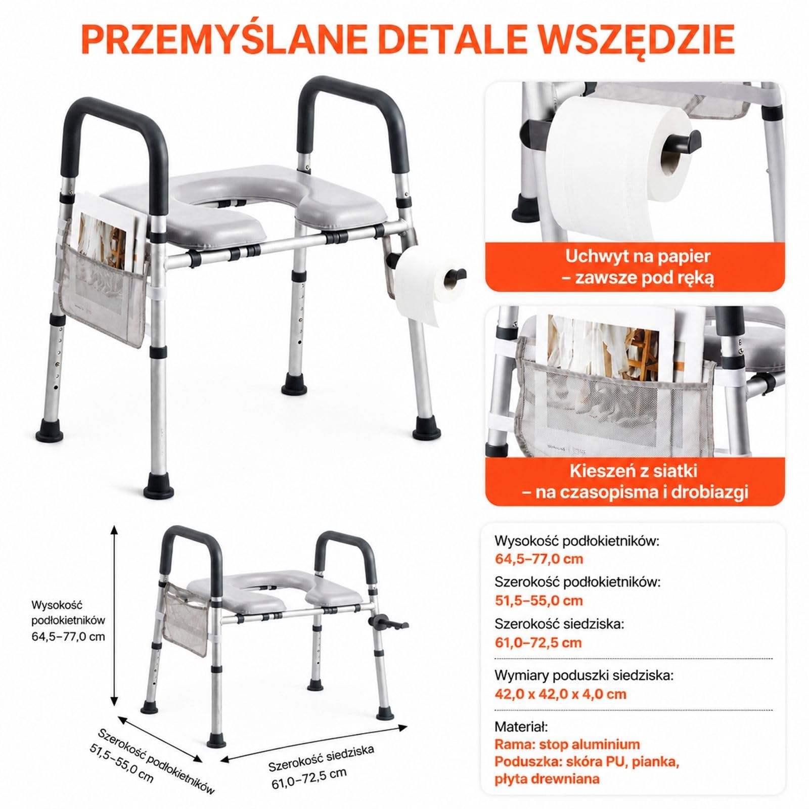 Regulowana podwyższona nakładka sedesowa z podłokietnikami, czterema nogami, miękko wyściełanym siedziskiem i ramą ze stopu aluminium
