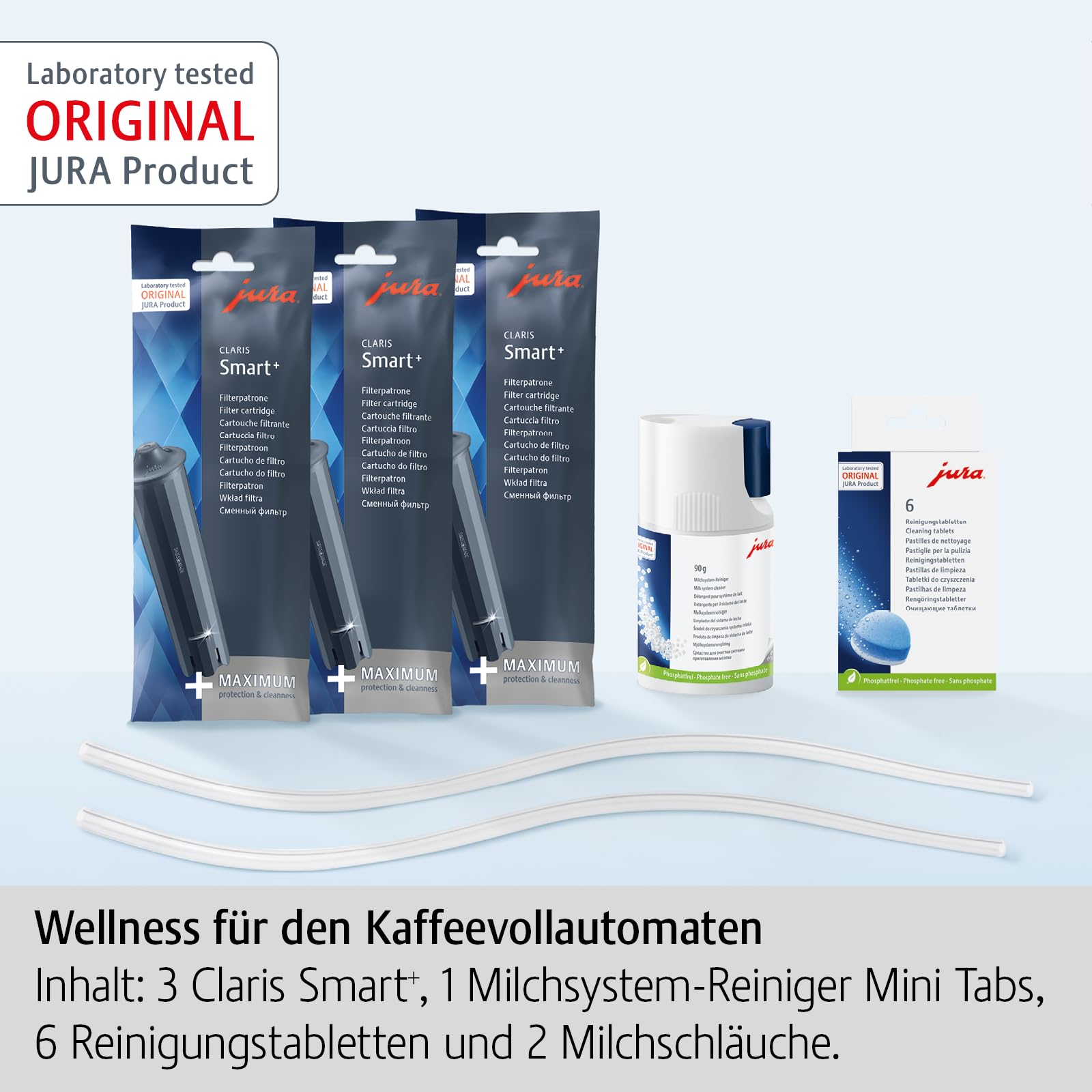 JURA Kit de cuidado original con certificado TÜV, 3 cartuchos de filtro CLARIS Smart+, 6 pastillas de limpieza, 2 tubos de leche, 1 limpiador de sistema de leche mini pastillas (90 g) – 25065 | 3 x Claris Smart+ + 6 pastillas de limpieza + 2 tubos de lech