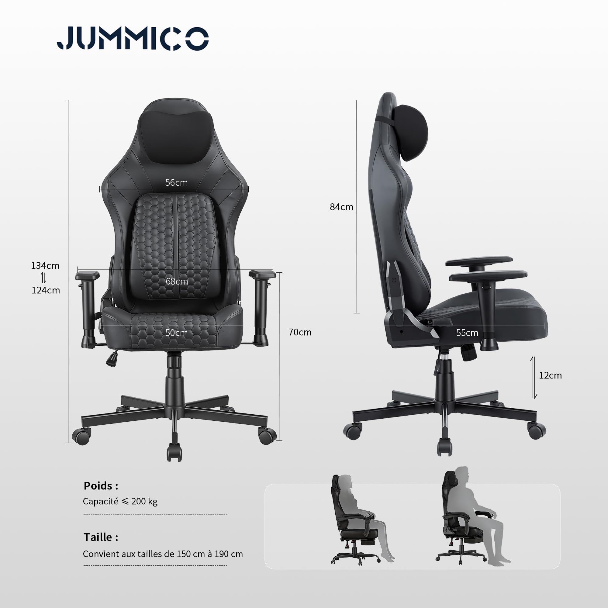 JUMMICO Chaise Gaming avec Support Lombaire Réglable & Accoudoirs 2D, Chaise Informatique Ergonomique, Chaise De Bureau Respirante pour Gamers Et Bureau, Supporte Jusqu'à 150 Kg, Noir