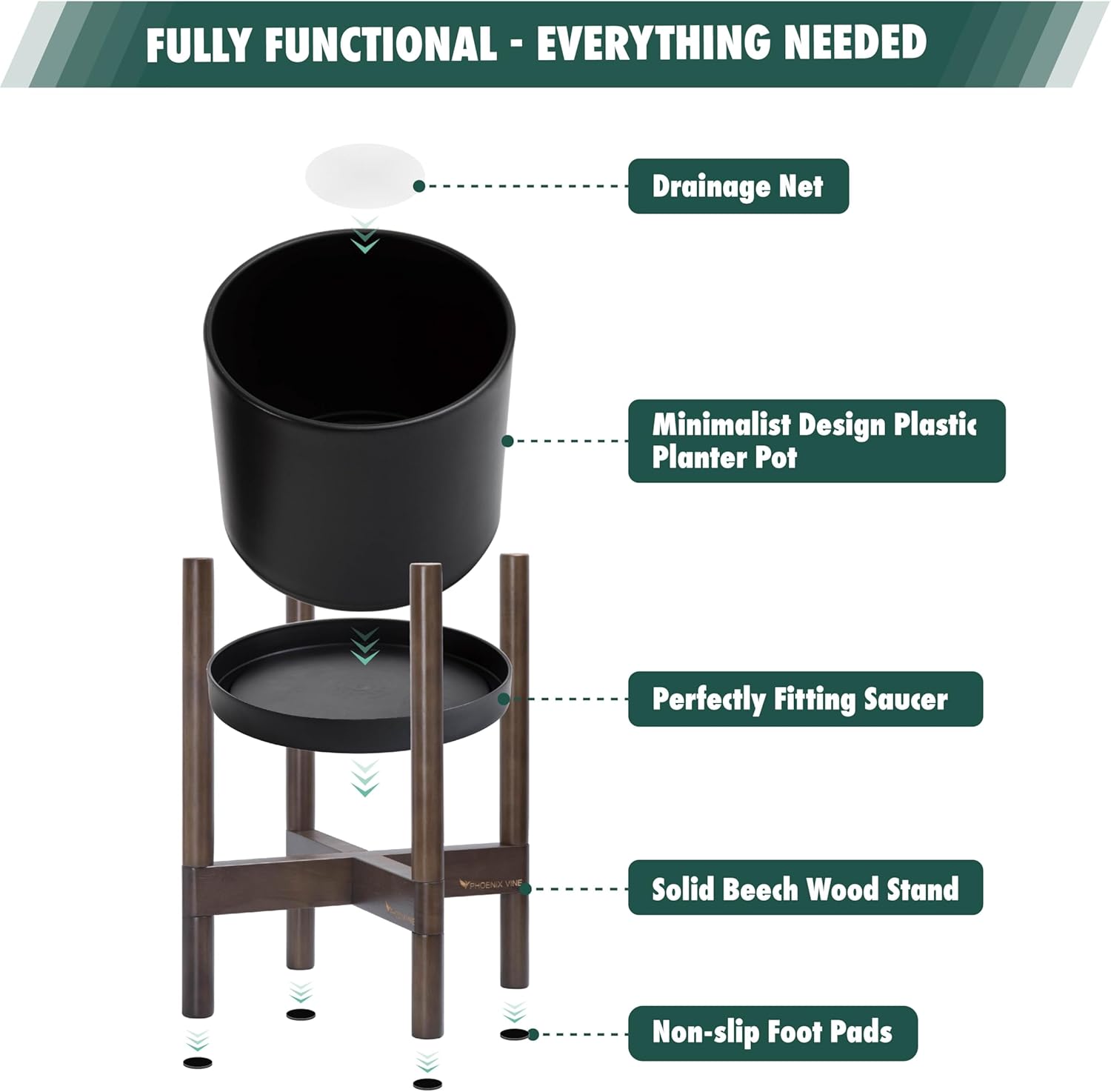 D'vine Dev Planter Pot with Stand - 10 Inch Plastic Cylinder Flower Pot with Wood Planter Holder for Indoor, Matte Black Pot + Walnut Color Stand, 55-C-L-2 - Image 5