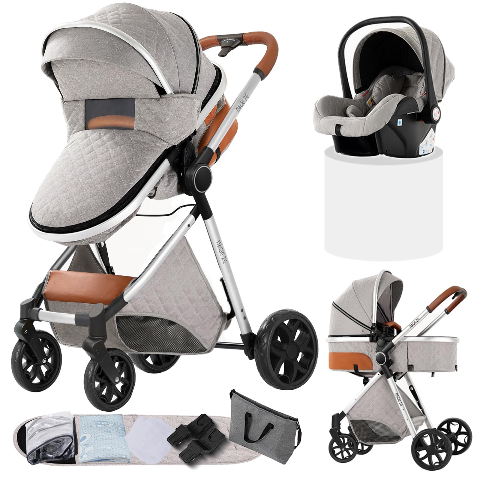 Wózek dziecięcy kombi 3 w 1, dwukierunkowy z podporą, regulowany 105-180°, łatwe składanie, 4 koła (YV9-LIGHTGREY)