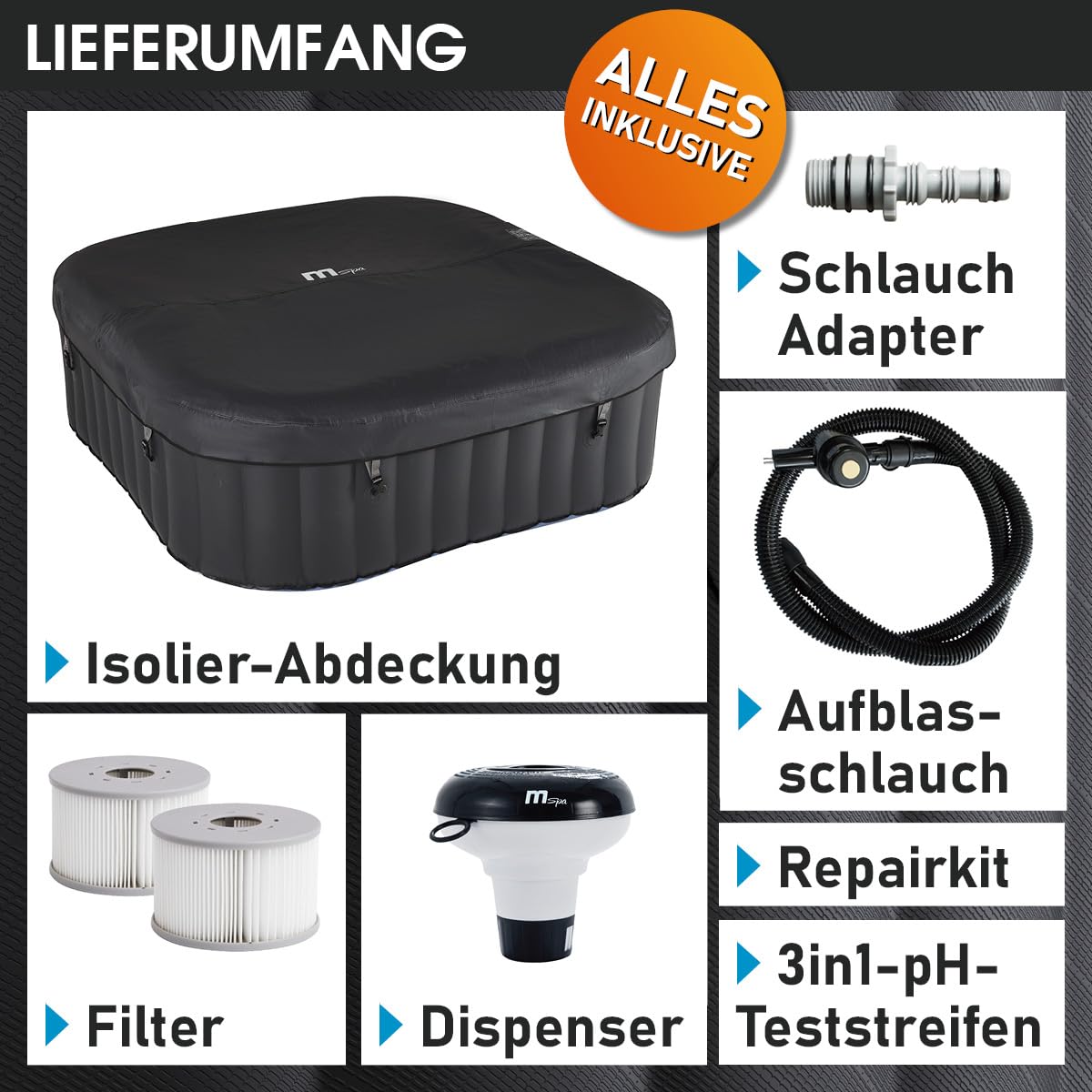 Whirlpool aufblasbar BRAST MSpa Tekapo für 6 Personen 185x185cm In-Outdoor Pool 132 Massagedüsen Energiespar-Timer Heizung Aufblasfunktion per Knopfdruck Bubble Spa Wellness Massage