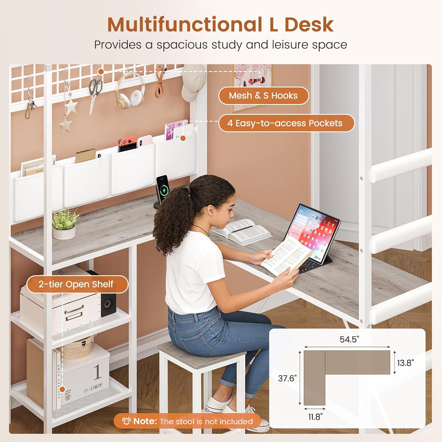 MSmask Full Size Loft Bed with 7 Storage Drawers, Large 2-Cube Bookshelf, L Desk & Charging Station, Metal Loft Bed with LED Lights & Open Shelf, Bed with Safety Guardrail & Ladders, Oak Grey | 4 in 1 full loft bed