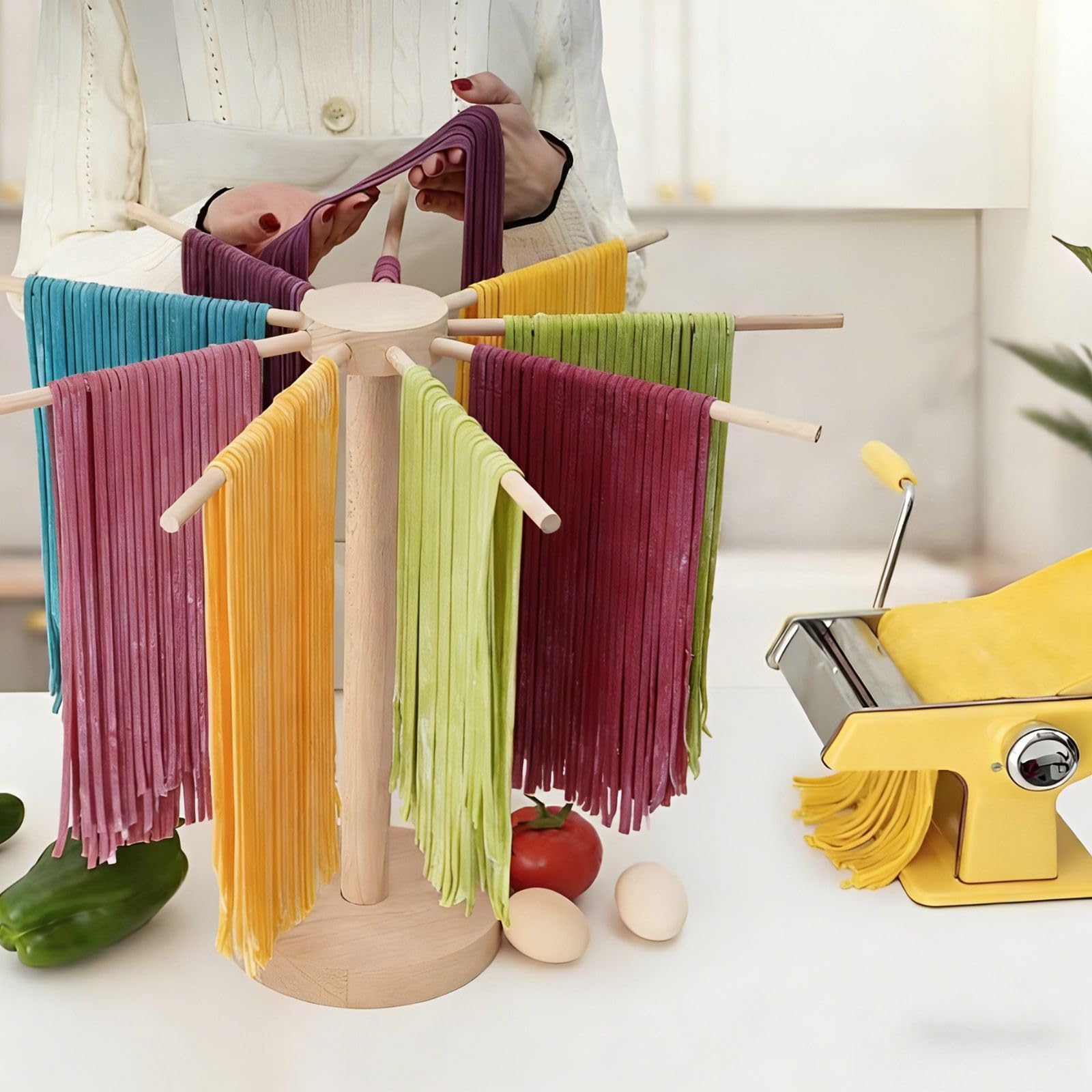 Secador de pasta de madera, soporte plegable con 9 brazos (17 cm) y base de 45 cm de altura, plegable, hasta 4,5 kg, para secar pasta casera, espaguetis, pasta, ahorra espacio