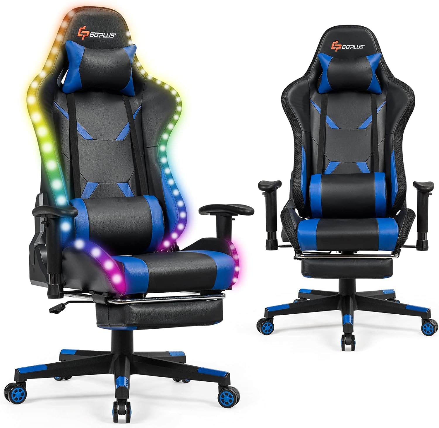 GOPLUS Silla Gaming, Silla Gamer Giratoria con Respaldo Reclinable 90-155°, Luces LED RGB, Altura y Reposabrazos Ajustables, Reposapiés Retráctil y Soporte Lumbar, Silla Ergonómica para Oficina (Azul)