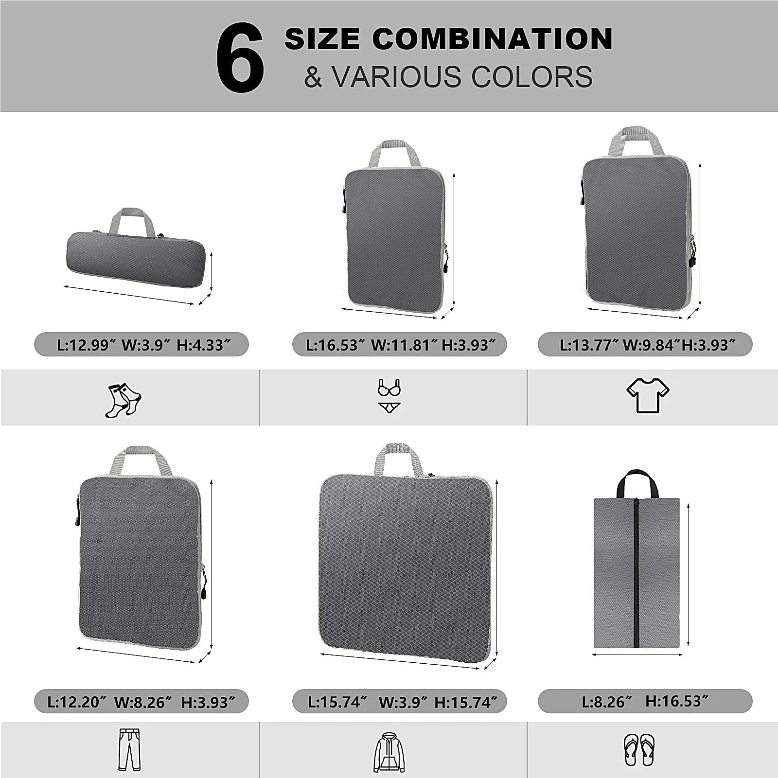 Set di 3-7 cubi compressi da viaggio con borsa per scarpe, bagaglio visivo, portatile e leggero, set da 5 pezzi, grigio