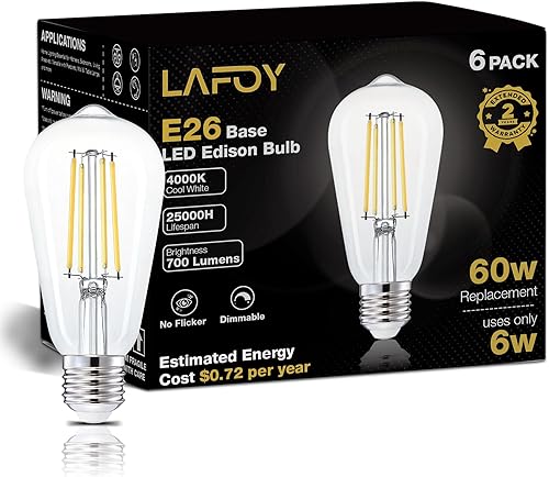 Miniatura 10 de Lafoy - Bombillas LED Edison de 60 vatios regulables, bombilla vintage E26 de luz blanca suave 2700K, bombillas de 60 vatios equivalentes estilo