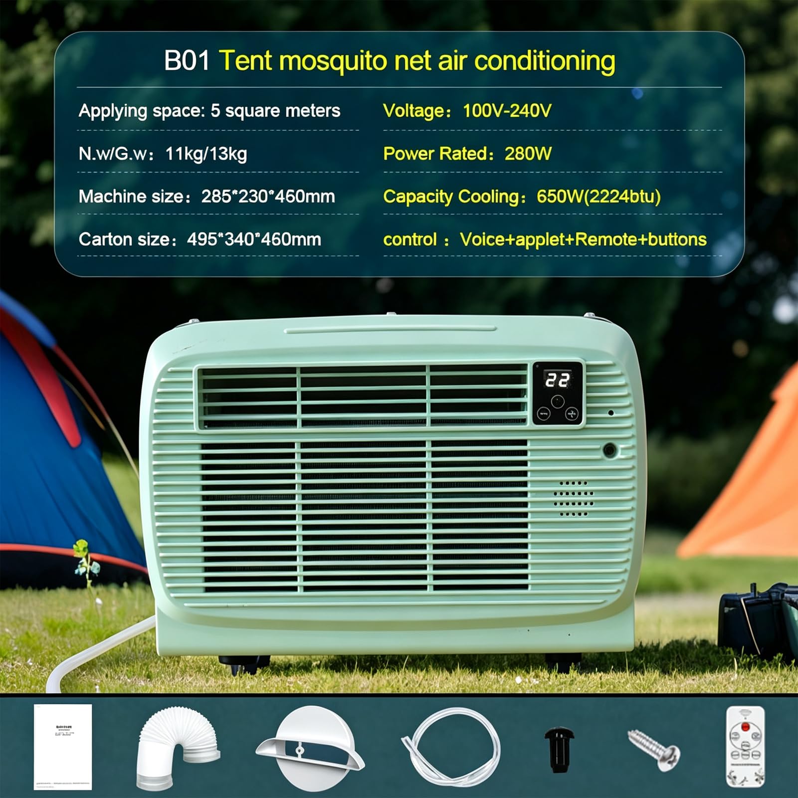 Mini przenośna klimatyzacja 650W Chłodnica sprężarki, 3 tryby App Control Cichy dla namiotu Samochód Camping RV Sypialnia 12H Timer Oszczędność energii Kompaktowa konstrukcja