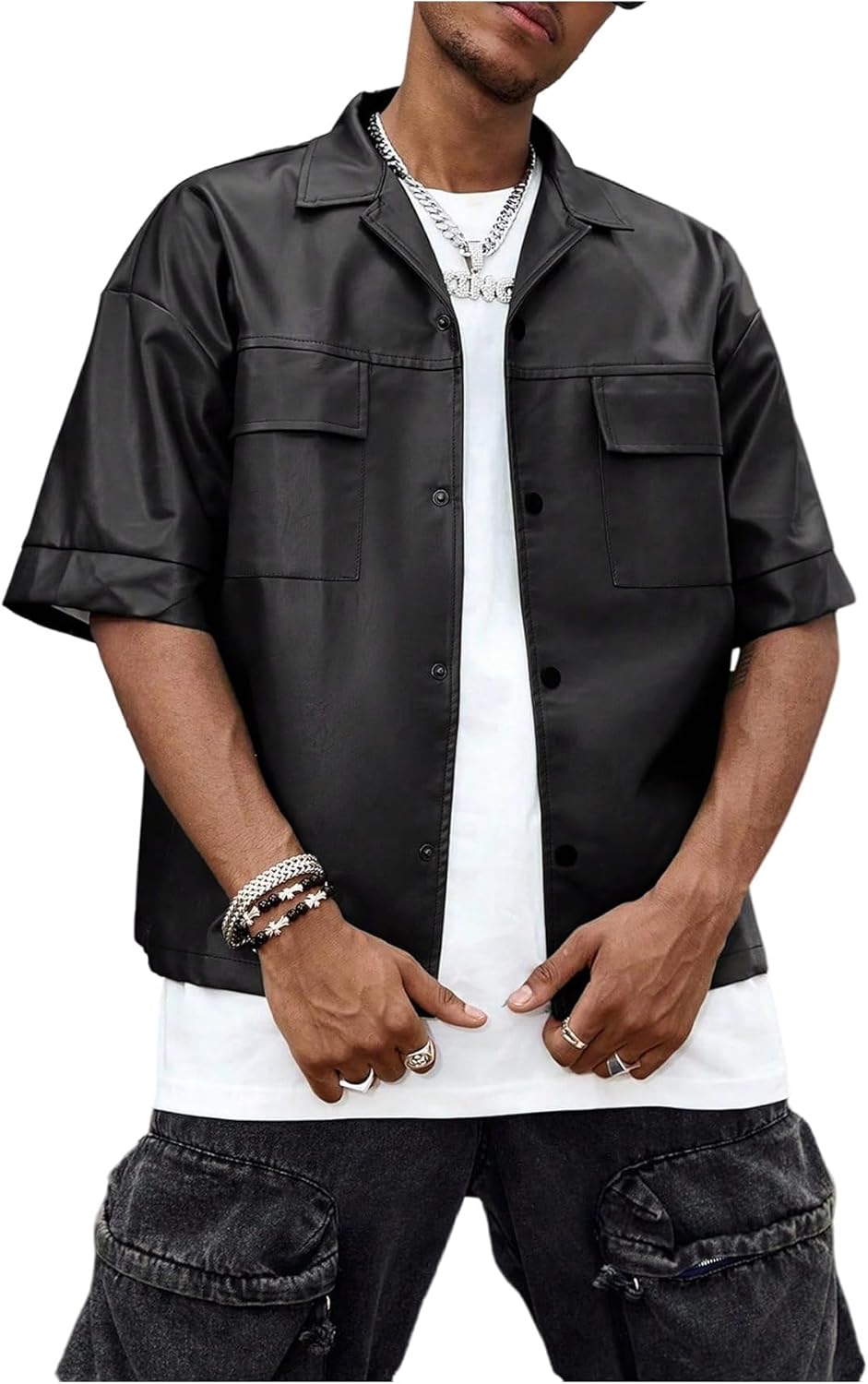 Men's PU Leather Outerwear Gothic Button Down Half Sleeve Collared Motorcycle Jacket Streetwear