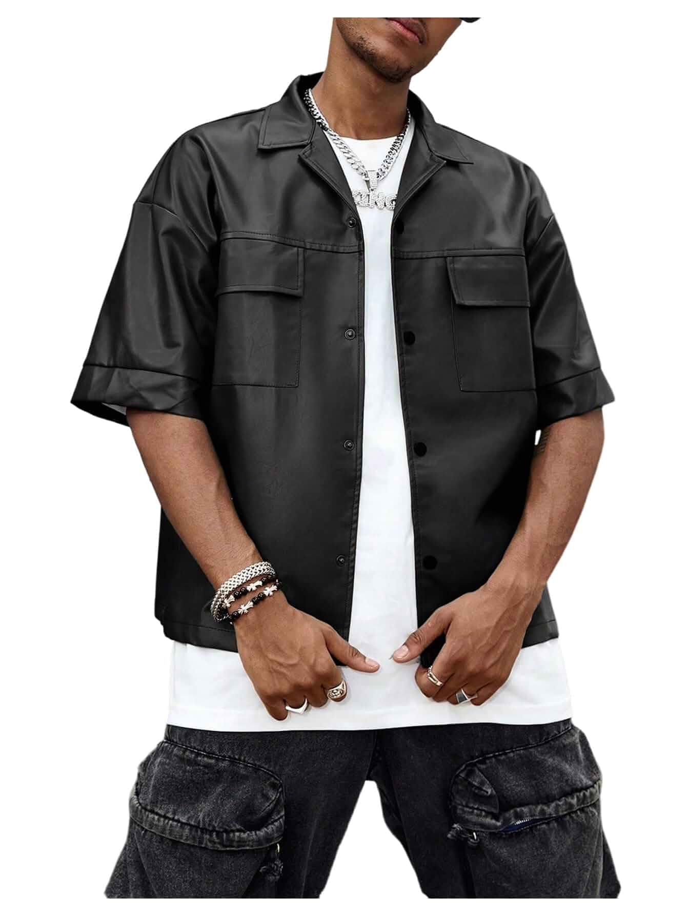 BEAUDRM Men's PU Leather Outerwear Gothic Button Down Half Sleeve Collared Motorcycle Jacket Streetwear