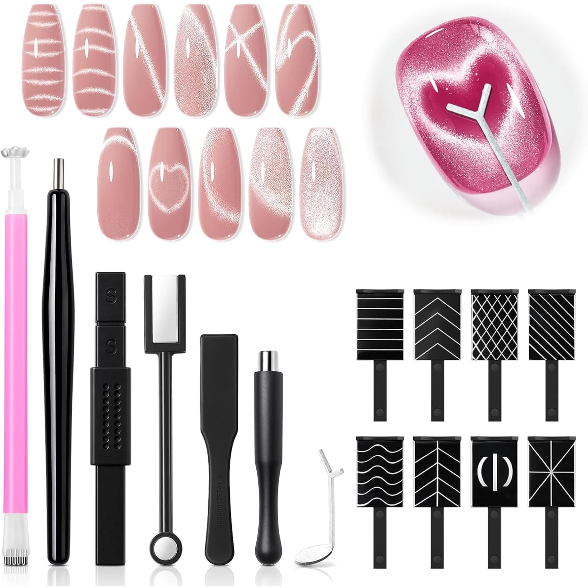 Cat Eye Magnetic Gel Nail Polish Magnet Tools, 15 Pieces Set with Wand, Valentine's Love-heart, Square Round Magnet Stick {ARISE}