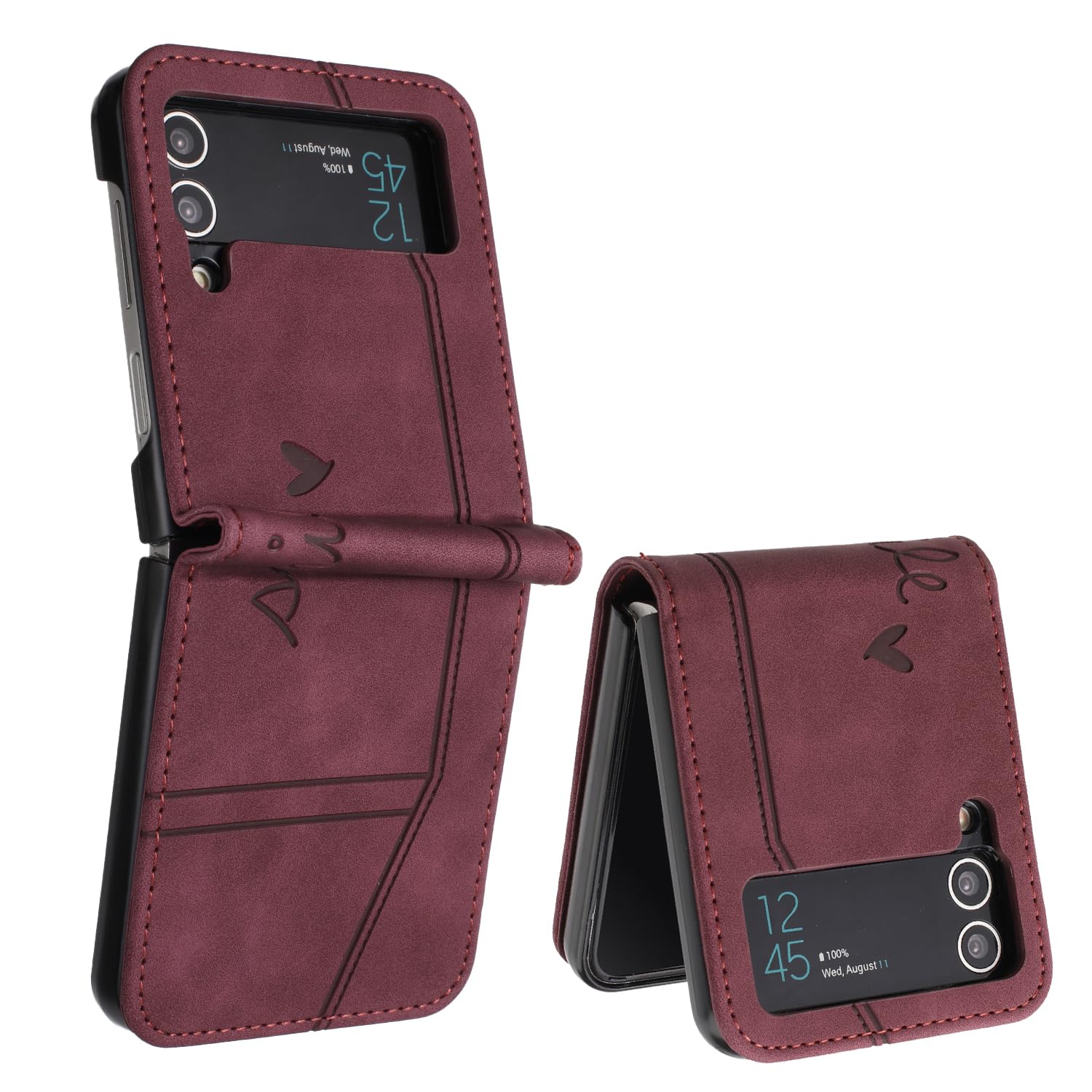 Compatible for Samsung Galaxy Z Flip 3 Case, Galaxy Z Flip 3 for Women Girls Case with Card Holder PU Leather Detachable Wrist Strap Wallet Case for Galaxy Z Flip 3.Wine Red HX