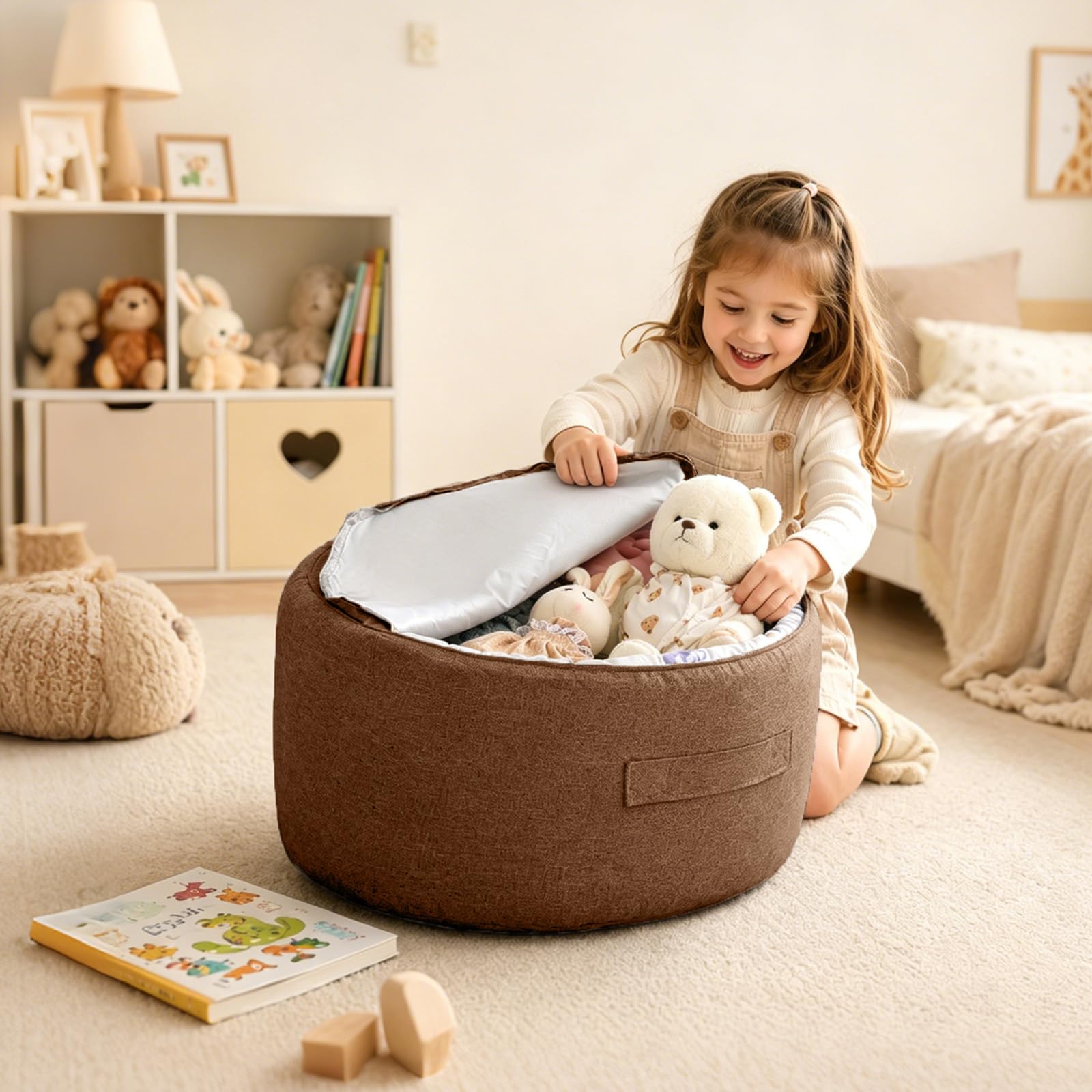 BOYIFEIJIE Kuscheltier Aufbewahrungssack Sitzsack - Leerer Bezug mit Reißverschluss - Weicher Spielzeug Organizer für Plüschtiere & Decken - Gemütliches Sitzkissen für Kinderzimmer (Braun)