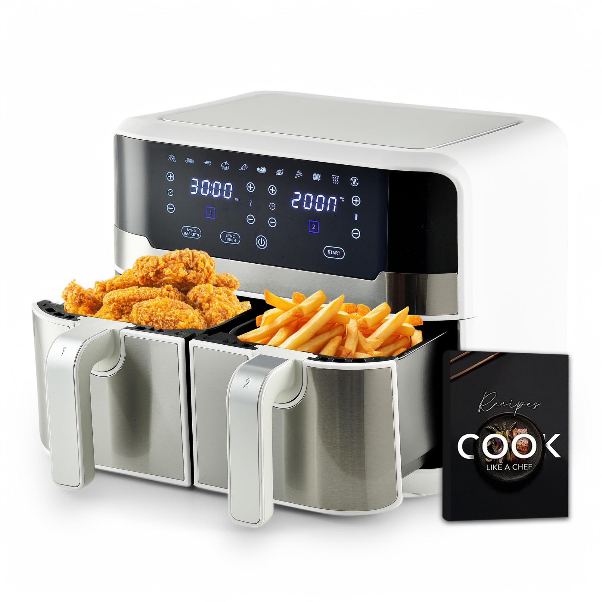 MasterPRO Rocket Duo 900 | Friggitrice Senza Olio Doppia | Bianco | Capacità da 9 L e 2400 W di Potenza | Schermo LED Touch e Cestello Antiaderente | Friggitrice ad Aria | 11 Funzioni Diverse in 1