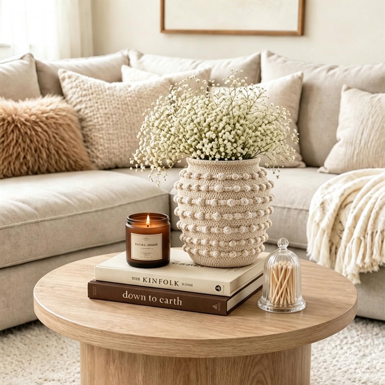 DN DECONATION Vaso da fiori in cemento beige con nodi, rustico, per erba della pampa e fiori secchi, decorazione per la casa in stile bohémien, per soggiorno, tavolino da caffè, mensola e bagno
