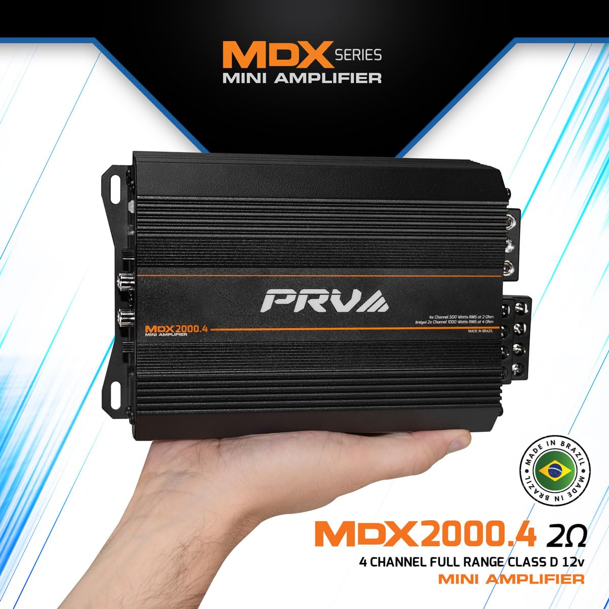 PRV Audio MDX2000.4 2 Ohm Mini 4 Channel Car Audio Amplifier 4 x 500 Watts RMS at 2 Ohm - 2000 Watt 12 Volts Bridgeable Amp for Powersports, Motorcycles, ATV, for High Power Stereo Speaker Systems