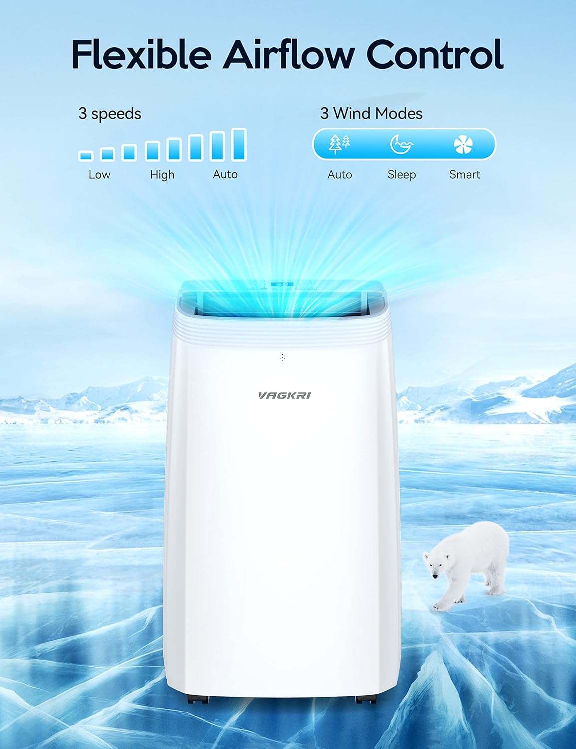 VAGKRI portable air conditioner in an icy landscape with a polar bear, illustrating flexible airflow control with 3 speeds (Low, High, Auto) and 3 wind modes (Auto, Sleep, Smart).